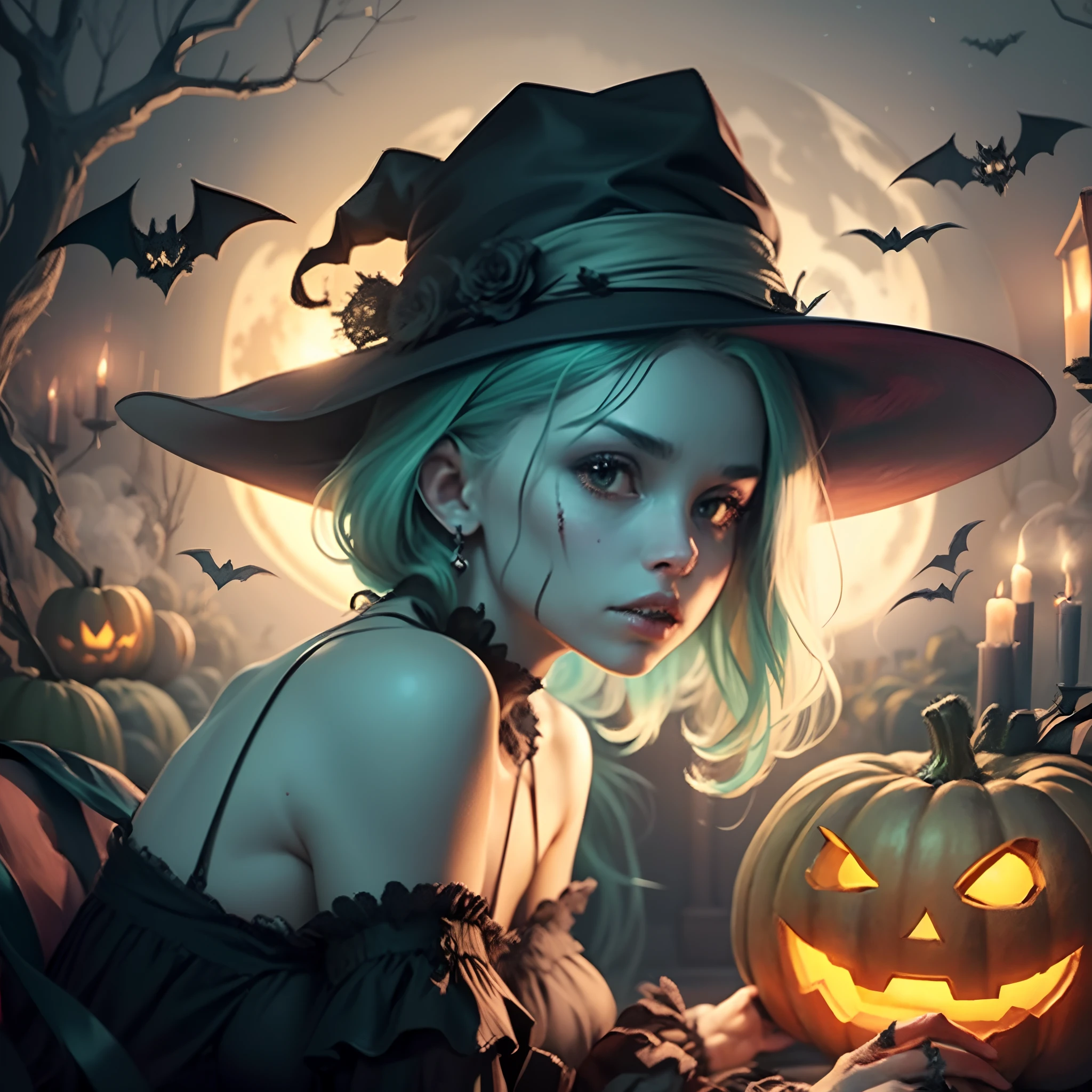 Imagine and describe a visually captivating Halloween-themed scene with a background color of mint green (#00B894) displayed at a resolution of 1600x900 pixels. Please provide a detailed description of the scene, incorporating elements that evoke the spirit of Halloween, such as pumpkins, ghosts, bats, or any other spooky or festive decorations that come to mind. Feel free to add atmospheric details, like a full moon, flickering candlelight, or mist, to create a vivid and immersive Halloween atmosphere in your description. --auto --s2