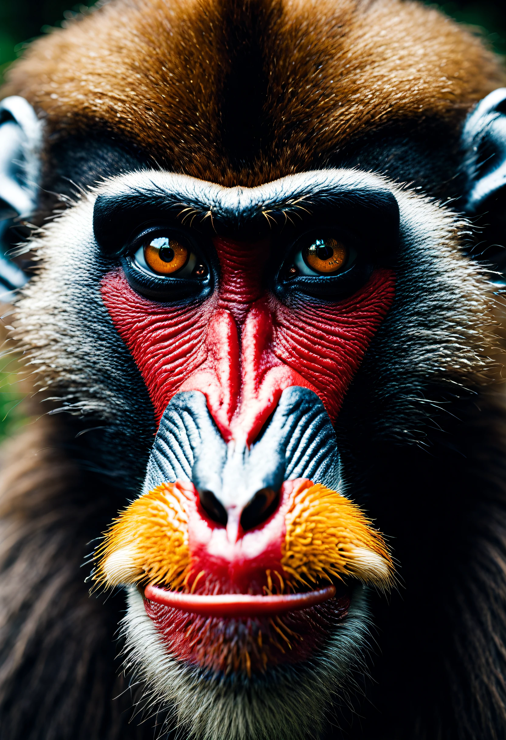 cinematic photo {face of Mandrill, tight close-up, eye contact, wearing a monocular}. 35mm photograph, film, bokeh, professional, 4k, highly detailed, sharp focus, in open space