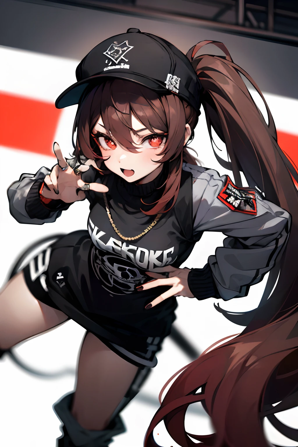SFW, masterpiece, standing (woman 1), (((rapper pose)), (rapper clothes), red eyes, dark brown hair, two ponytails, very long hair, skate park, backwards cap, microphone, ((close up)), (leaning forward)