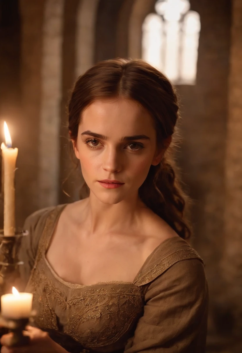 Emma Watson, breasts exposed, face of Emma watson slender and graceful, beautiful, candlelight in a medieval setting, ultra sharp focus, realistic shot, medieval female clothes, tetradic colors (scar:1.4)