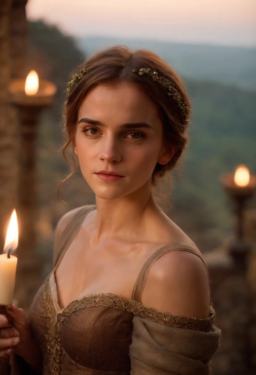 Emma Watson, breasts exposed, face of Emma watson slender and graceful, beautiful, candlelight in a medieval setting, ultra sharp focus, realistic shot, medieval female clothes, tetradic colors (scar:1.4)