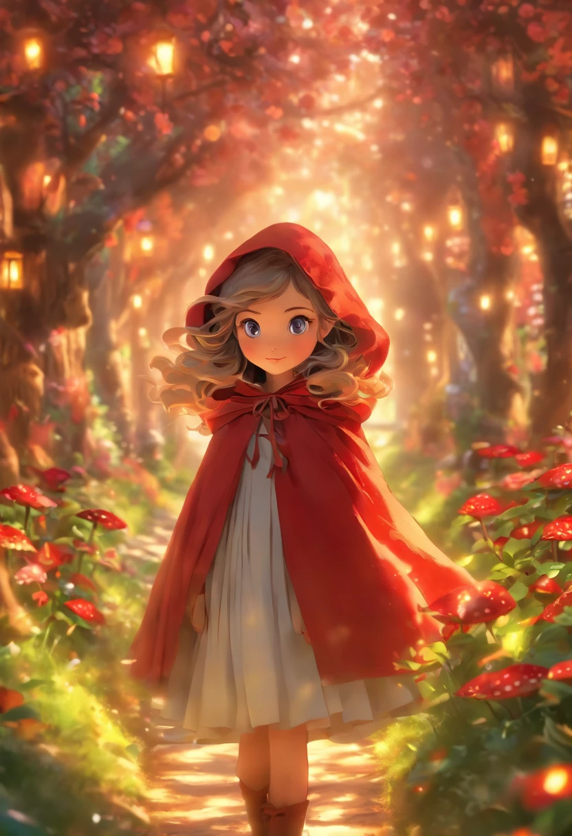 A girl in a storybook garden,illustration,beautiful detailed eyes,beautiful detailed lips,extremely detailed eyes and face,long eyelashes,(best quality,4k,8k,highres,masterpiece:1.2),ultra-detailed,(realistic,photorealistic,photo-realistic:1.37),bright and vivid colors,soft natural lighting,3 different variants of little red riding hood,one girl,traditional theme with a modern twist,enchanted forest,whimsical atmosphere,magic elements,storybook-like style,beautiful nature scenery,dreamy lighting,elegant dress,girl with a cape and a basket,friendly animal companions,endless pathways,sparkling sunlight,playful shadows,emotional expressions,carefully painted details,delicate textures,peaceful and serene ambiance,fantasy artwork.