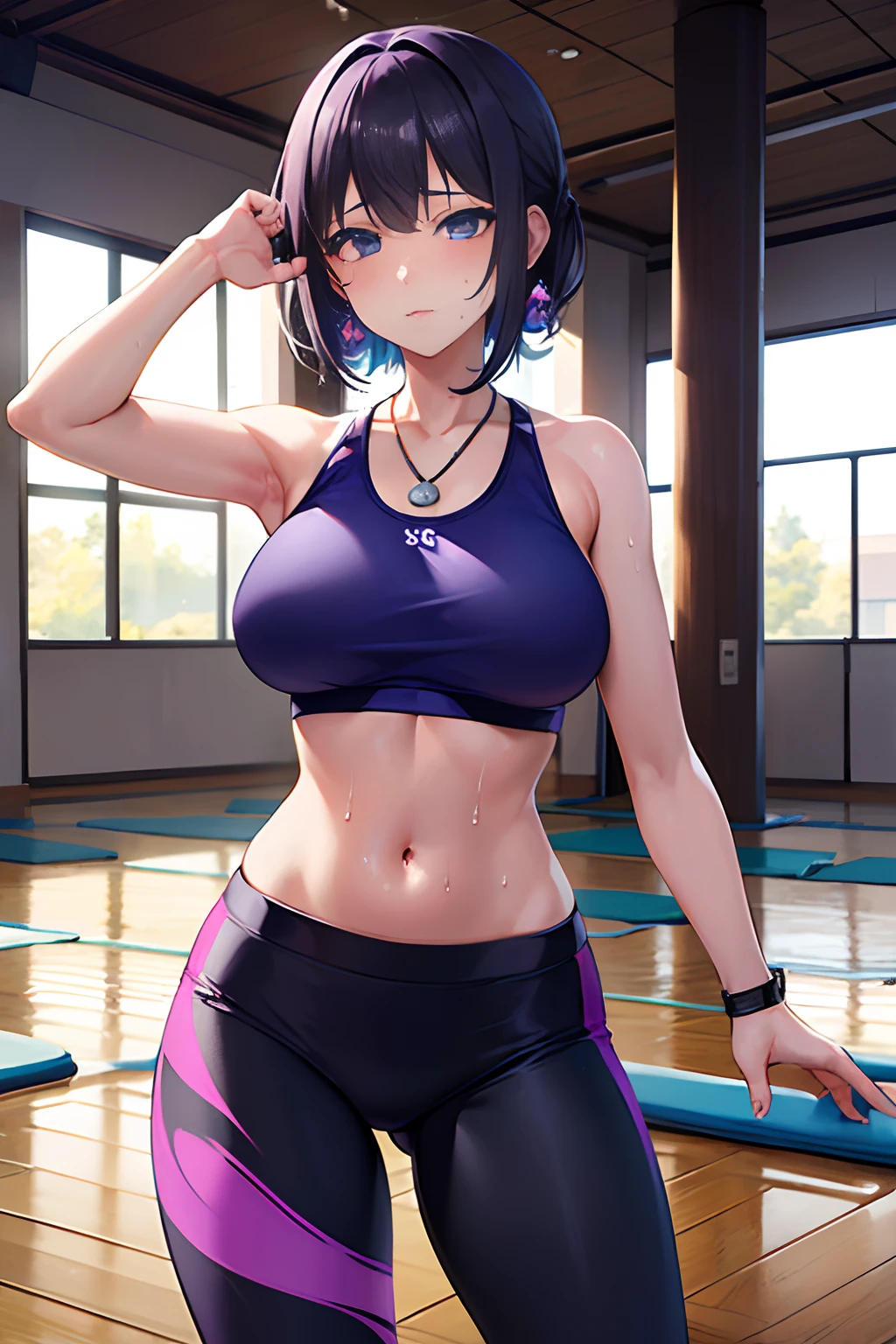 Reflection of the rising sun fitness gym yoga mats、full of sweat、Purple Fitness Bra Use English characters、Camouflage pattern Green leggings、Navel Ejection、 black Wave Shorthair、wrist watch、Colossal tits Whip whip、sapphire earrings、Sports Necklaces、Looking back s ass、Blue Eyes、embarassed face
