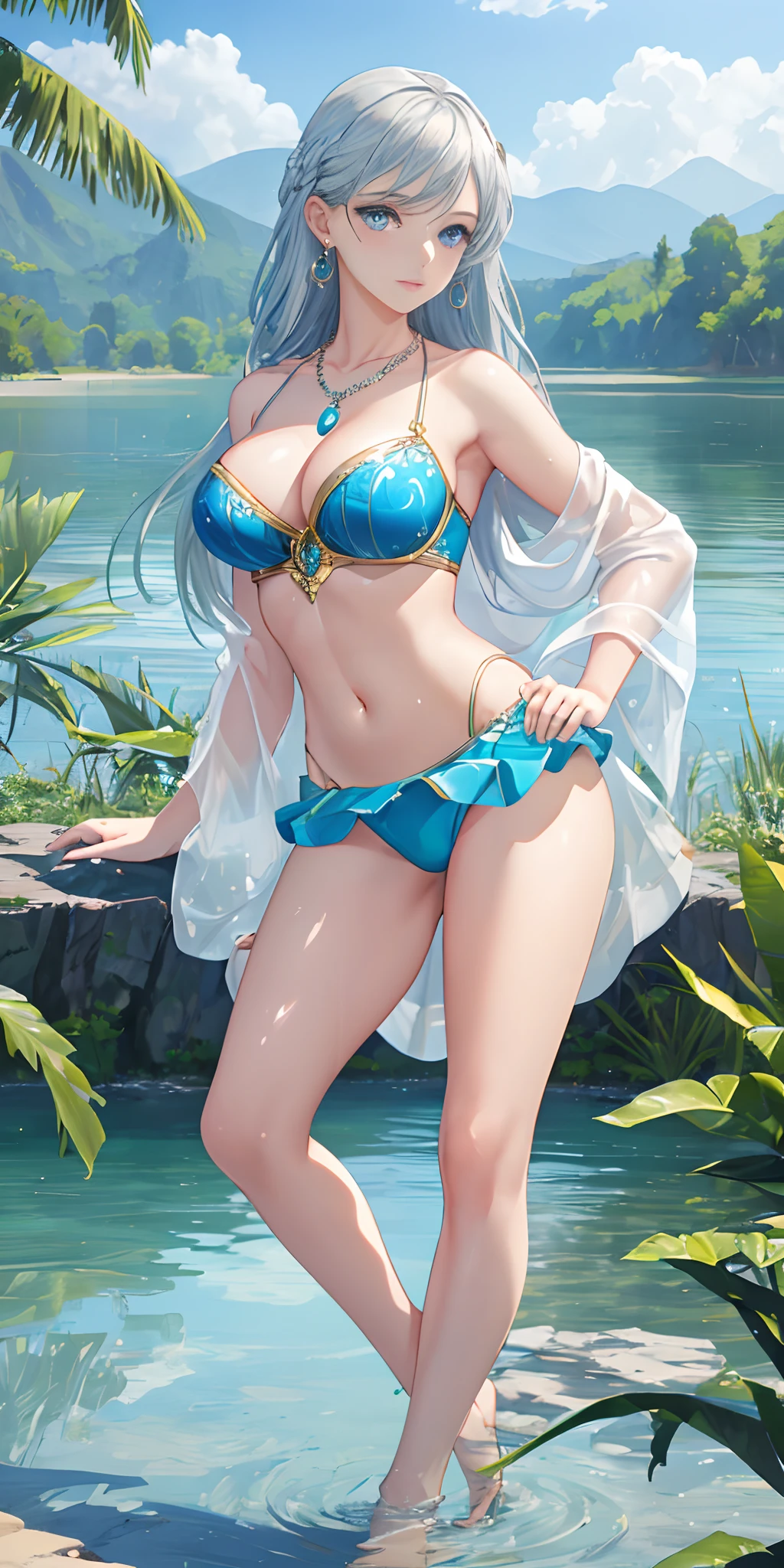 water land as background, lake, beach, seductive, fashion model posing, (photorealistic:1.4), (masterpiece, front lighting, finely detailed beautiful eyes: 1.2), masterpiece*portrait, realistic, 3d face, glowing eyes, shiny hair, lustrous skin, solo, embarrassed, (midriff), absolute_cleavage, necklace, silver_earrings