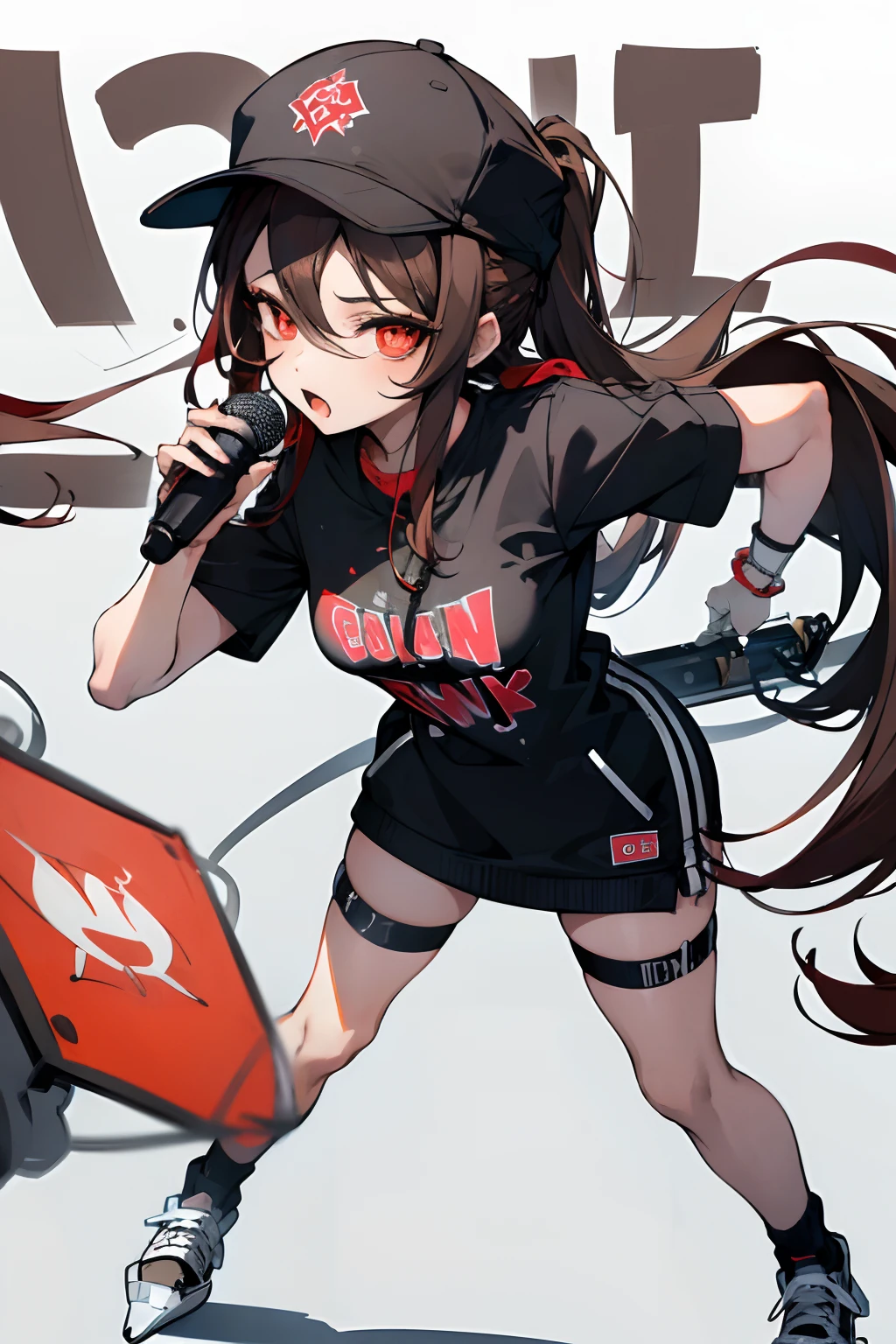 SFW, masterpiece, standing (woman 1), (((rapper pose)), (rapper clothes), red eyes, dark brown hair, two ponytails, very long hair, skate park, backwards cap, ((((microphone)))), ((close up)), (leaning forward), graffiti