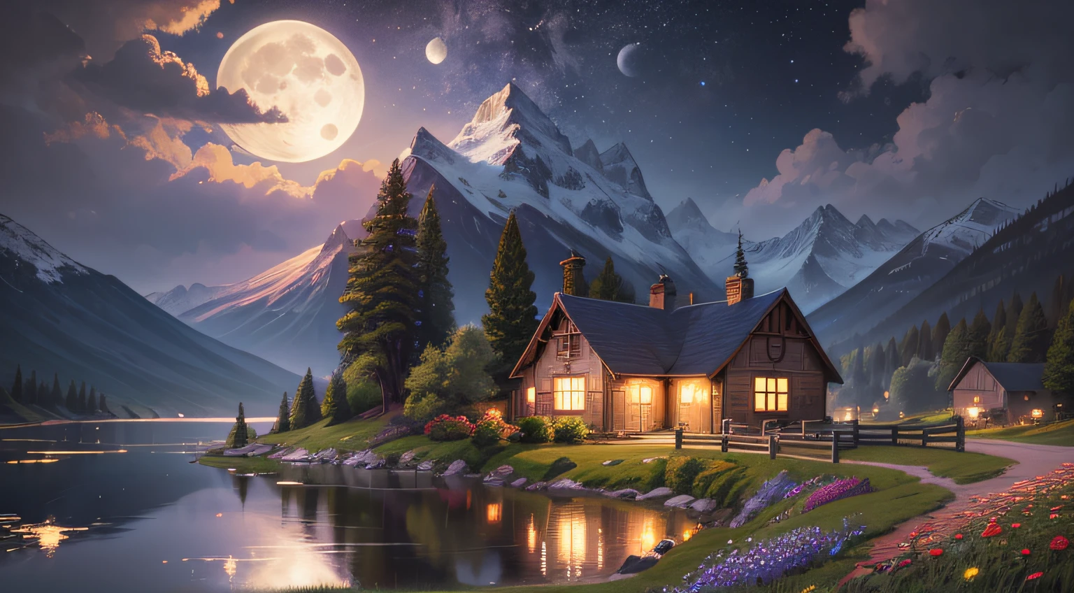 painting of a cottage, flowers beside of fence, fence along the road, mountain landscape with a lake and a boat, ((full moon)) , stary night scene, illustration matte painting, inspired by Thomas Kinkade, symmetric matte painting, detailed scenery , style raw, 8 k ultra detailed