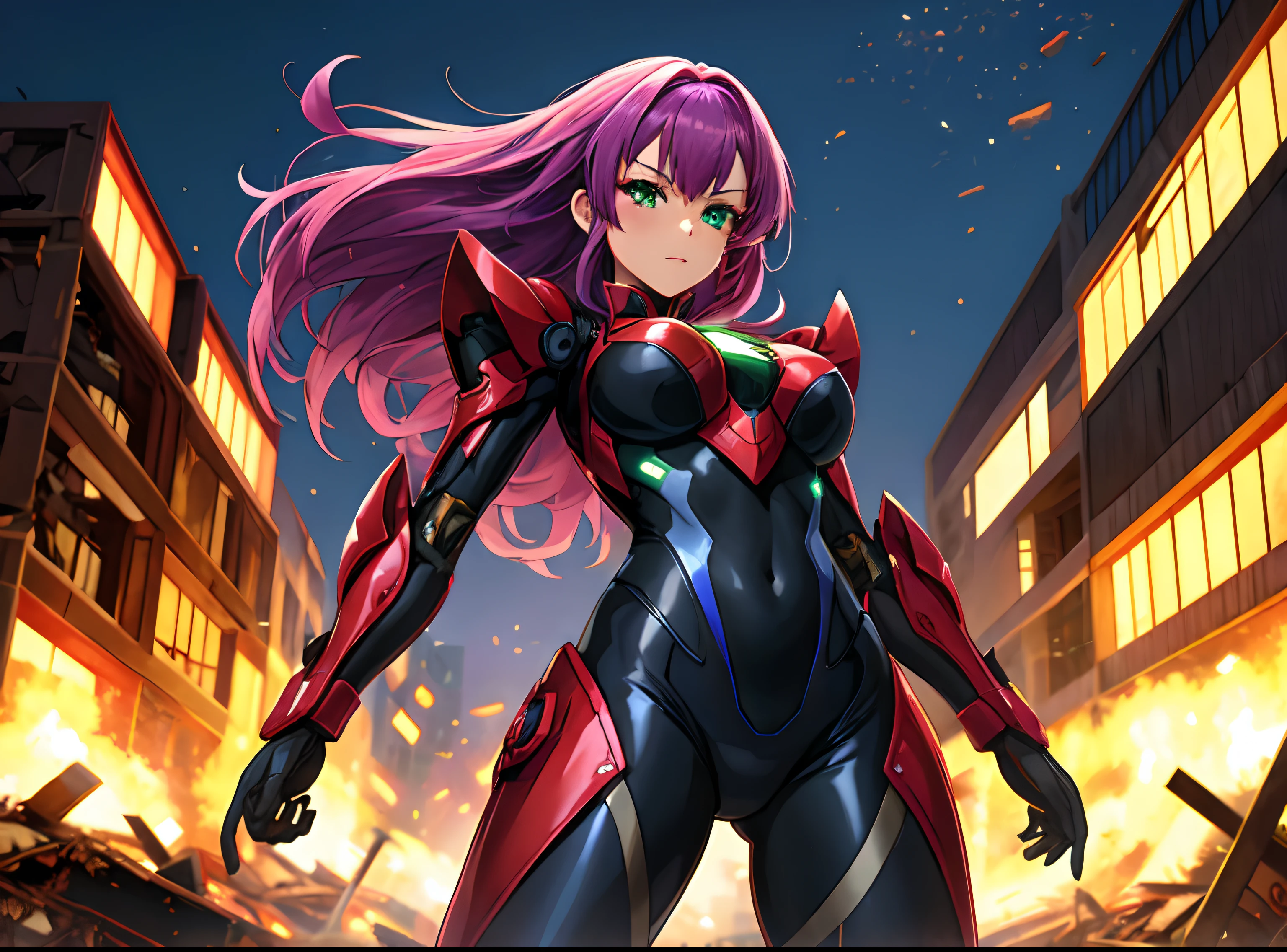 1girl, beautiful anime woman with purple multi-color hair, green eyes, wearing a red and black black bodysuit, futuristic armor, destroyed buildings in background