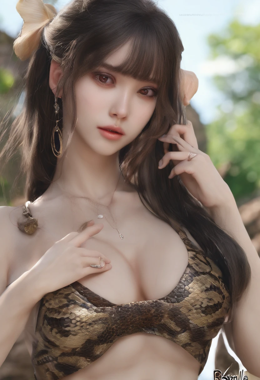 snake woman(Best picture quality, 8K, tmasterpiece:1.3)), 1girll, Beautiful woman with slender abs:1.3, (Casual hairstyle, No leakage of big breasts:1.2), short skirt:1.1, Ultra-fine face, A detailed eye, 二重まぶた,ssmile,adolable,boobs exposed,tight-fitting,,Detailed snakeskin