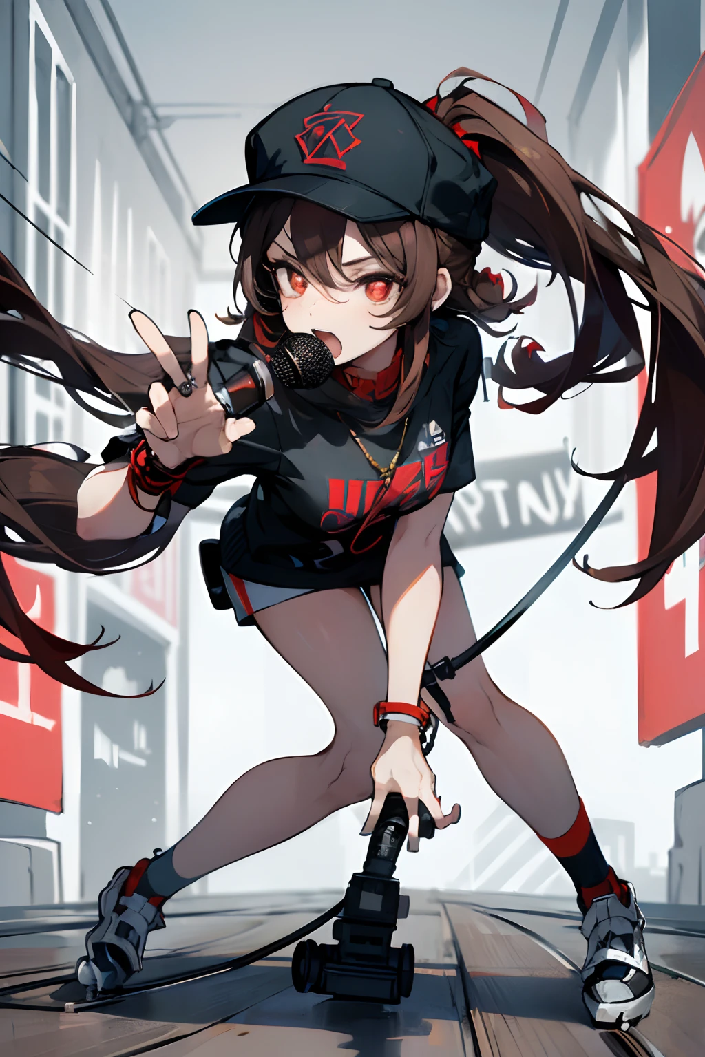 SFW, masterpiece, standing (woman 1), (((rapper pose)), (rapper clothes), red eyes, dark brown hair, two ponytails, very long hair, skate park, backwards cap, ((((microphone)))), ((close up)), (leaning forward), graffiti