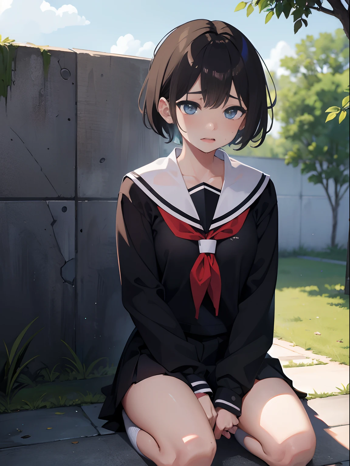 NSFW,highres,best quality, official art, masterpiece, textile shading,8K,absurdres
(1boy,otoko no ko, feminine,),beautiful face,short hair,black hair,embarrassed:1.2,shy:1.3,makeup, scenery,wariza ,school uniform,sailor uniform,sweaty,wet face, wet cloth,(torn clothes),peeing,