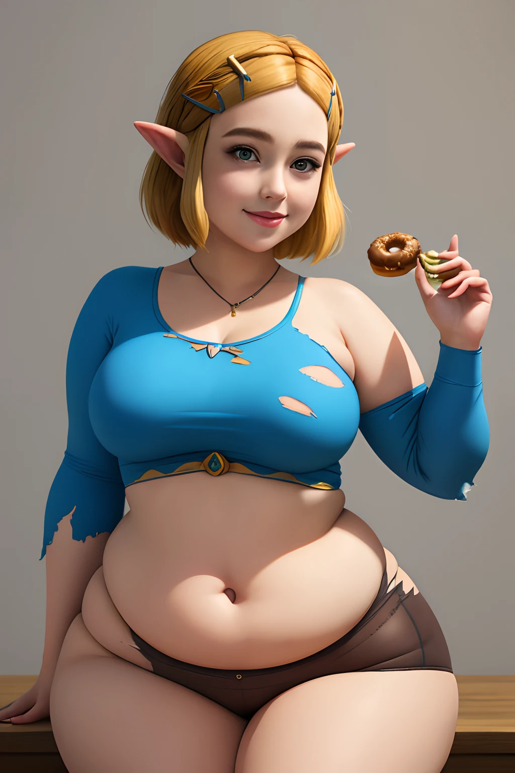 masterpiece, best quality, photorealistic, small smile, solo, (detailed eyes:0.9), Zelda, BotW, eating donut, cute beautiful face, cutie, young, very chubby, tight clothes, torn clothes, sexy, soft, curvy, plump, fat rolls, chubby belly, belly rolls, love handles, muffin top, blonde, short hair, thunder thighs, fed up