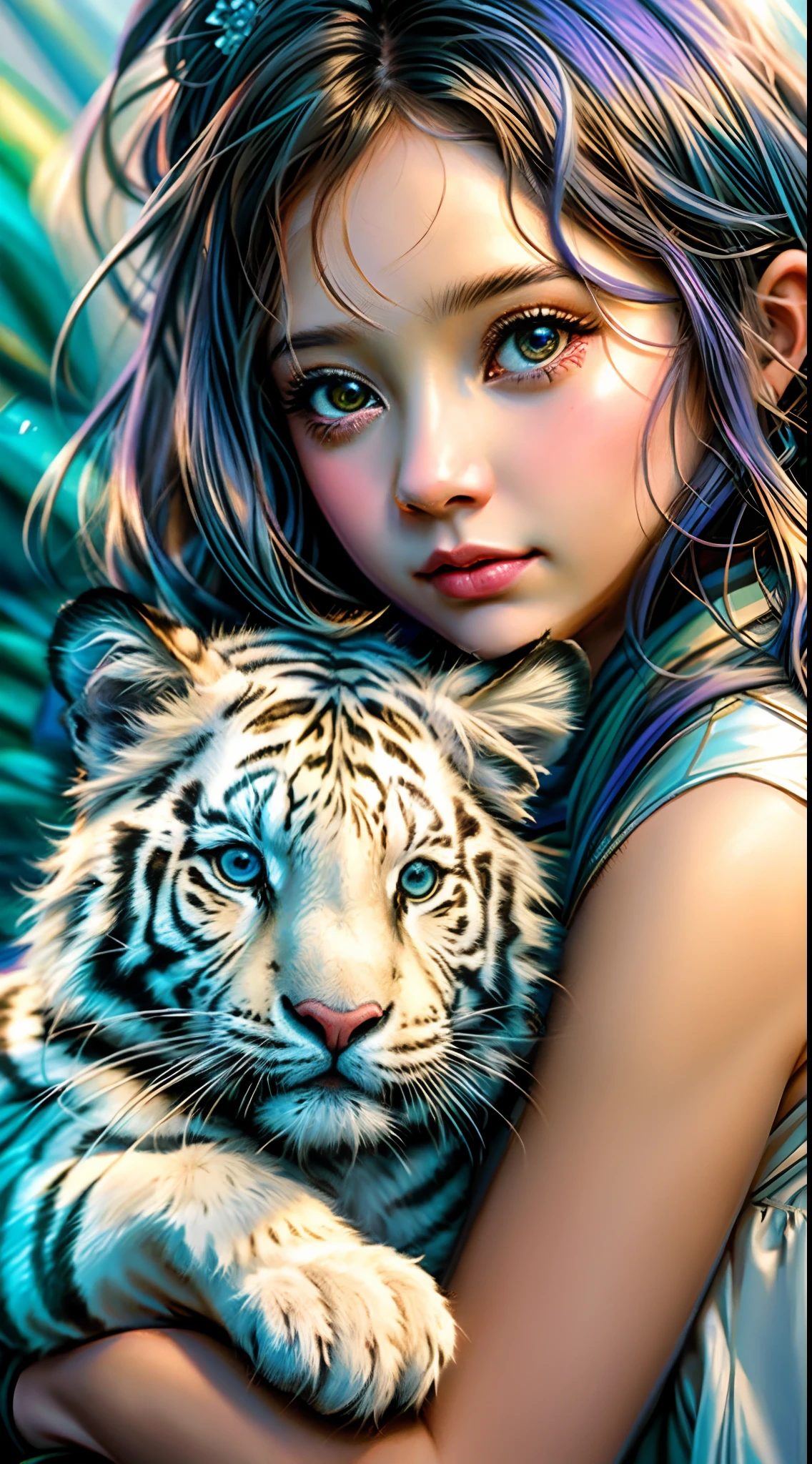 A closeup of a child holding a white tiger in a painting, painting digital adorable, Magali Villeneuve», Graphic artist Magali Villeneuve, pintura realista da bonito, Directed by: Magali Villeneuve, karol bak uhd, lindo arte digital, bela arte digital, arte detalhada bonito, muito bonita gatinha fofa, imagem de arte digital, Animais bonitos detalhados
