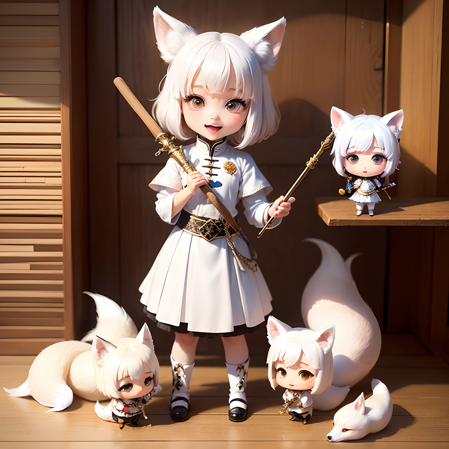 masterpiece、top-quality、ultra-detailliert、(Chibi White Fox's Daughter:1.4)、(独奏:1.2)、White Meatpia Warriors Cosplay、Holding a richly decorated baton with jewels in his hands、Open your mouth and smile、Standing、