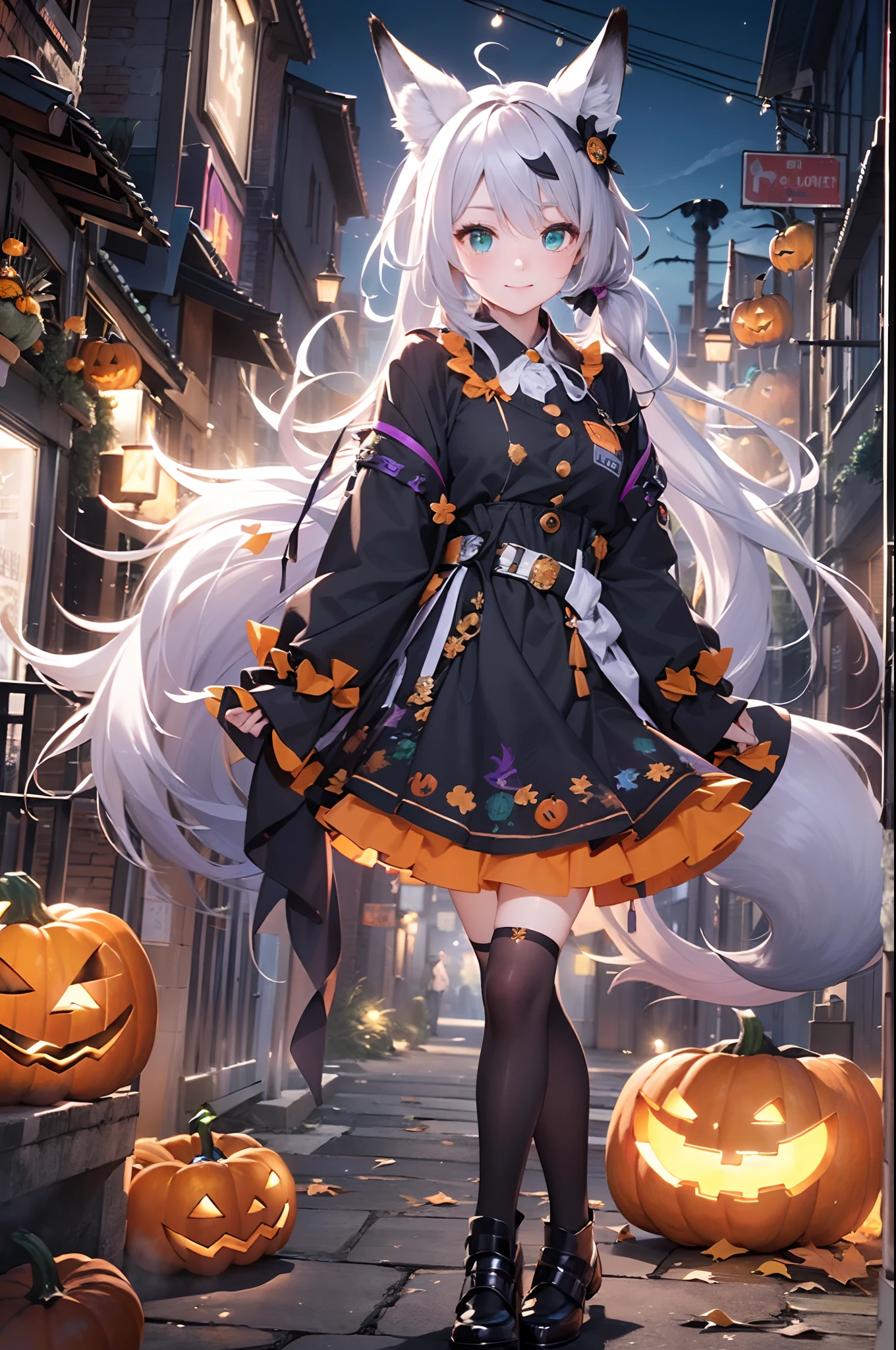 (Official art、Best Quality、Unity 8k Wallpapers、32K、masterpiece、ultra-detailliert、超A high resolution、realisitic、Photorealsitic:1.2)、(Cinematic lighting:1.2)、Fireglow effect、film grains、Best Shadows、side lights、(Ultra-detailed and complex 3D rendering)、Detailed beautiful face and eyes、(Full body:1.2)、(sideshot:1.2)、(Mystical)、Highly detailed background、beauitful face、blurry backround、(super detailed skin、detailed skin textures:1.3)、(City at night、Lots of neon lights:1.2)、cowboy shot、shinny skin、beauitful face、blurry backround、20-year-old beauty、shinny skin、The fox's tail grows、Beautiful silver hair、short-hair、(poneyTail:1.2)、green colored eyes、Fox ears、hair adornments、Gentle smile、(Halloween Costumes:1.2)、Orange mini skirt、beauty legs、Ghost pumpkin、Halloween