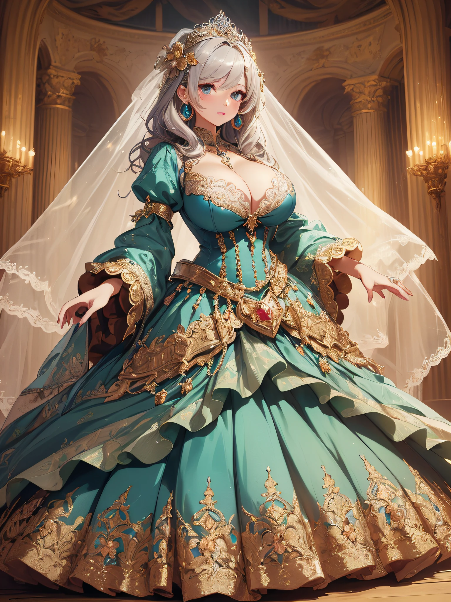 ((anime artstyle)),(Masterpiece),(Best Quality), (Super Detail),((Very Delicate and Beautiful)),cinematic lighting,1 lady,((full body portrait)),((solo)),digital art,(((1 princess in beautiful embroidery and jeweled gorgeous princess rococo ballgown with voluminous full length hoop skirt))),crinoline,long train,((beautiful embroidery and jeweled)),voluminous frills,See-through,(gorgeous embroidery and beautiful lace),(((gigantic tits,skindentation,gigantic cleavage breasts))),cleavage,((large amount of straight hair,extremely voluminous Hair,Very Long Straight Hair)),((finely detailed face and eyes)),clear pupil,((((extremely gorgeousfull hair ornament)))),(bling-bling jeweled extremely gorgeousfull tiara),(bling-bling gorgeous gemstone jewelry),long veil,(beautiful background),(full body),((gorgeous princess rococo ballgown with voluminous full length hoop skirt))