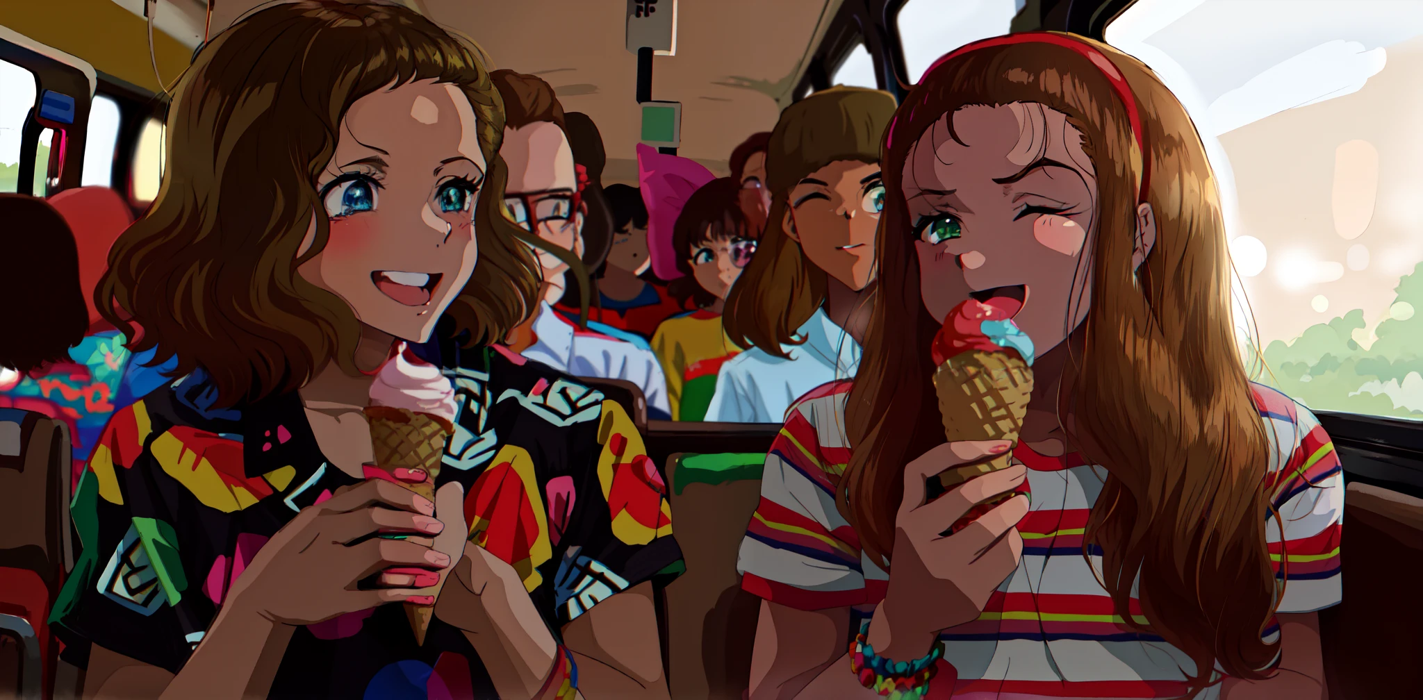Retro anime. Classic anime. There are two girls eating ice cream cones on a bus, Max y Eleven, Max gafas rosas, Still from the movie Stranger Things, Estilo de Stranger things, Personaje de Stranger Things, Fotograma en el bus. Eleven y Max se miran sonriendo mientras sostienen el helado.