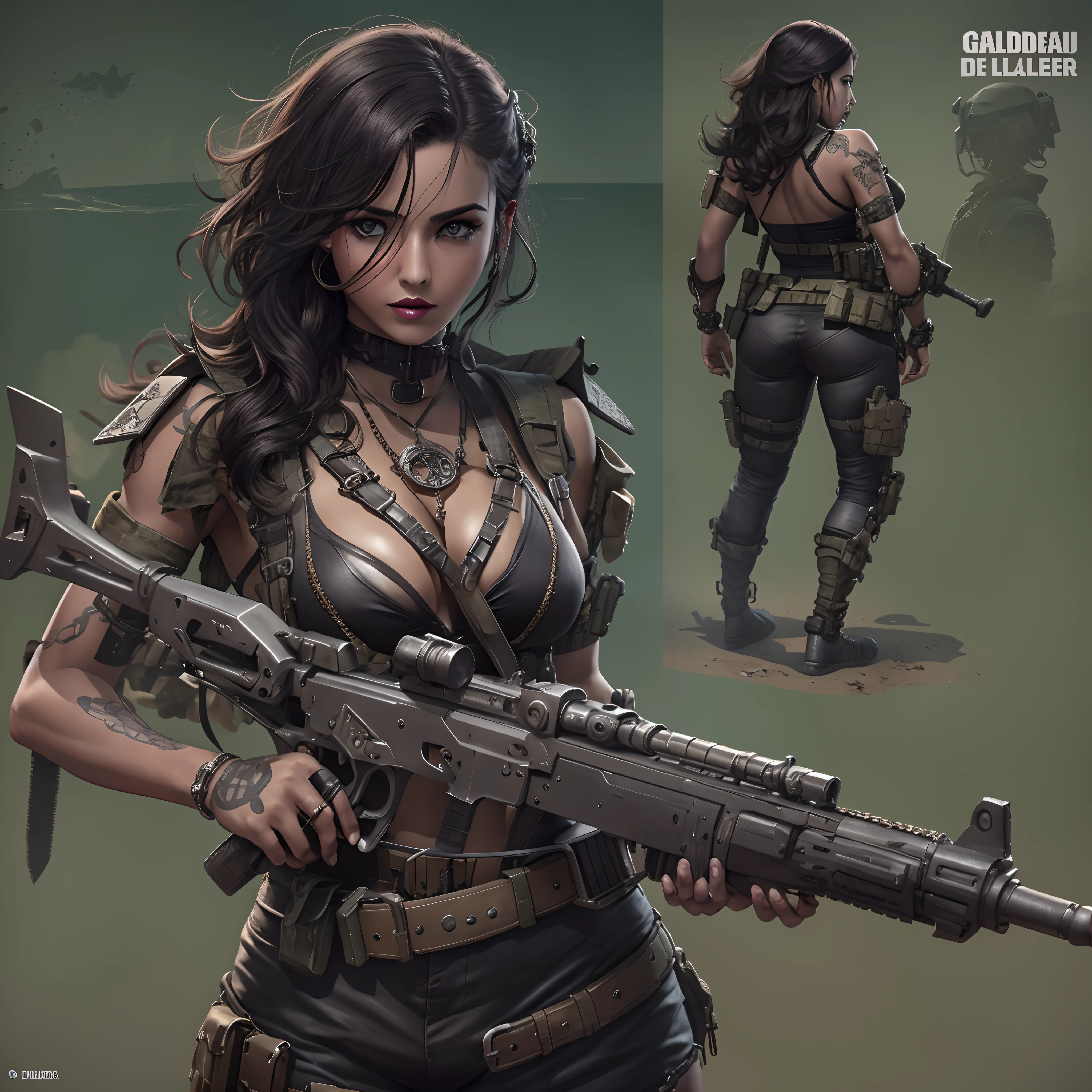 Gere uma imagem  detalhada da personagem Mara, also known as 'Mara Death Dealer', do jogo Call of Duty: Guerra moderna. Describe its appearance, corpo inteiro, fisionomia cruel, micro bikini, na praia, sol poente, palmeiras, corpo escultural, flowing hair, [Equipamentos de ouro ((metralhadoras, Granadas, Accessories))], personalidade cruel