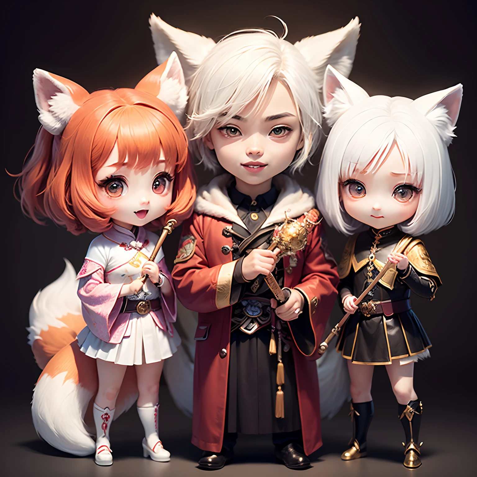 masterpiece、top-quality、ultra-detailliert、(Chibi White Fox's Daughter:1.4)、独奏、White Meatpia Warriors Cosplay、Holding a richly decorated baton with jewels in his hands、Open your mouth and smile、Standing、