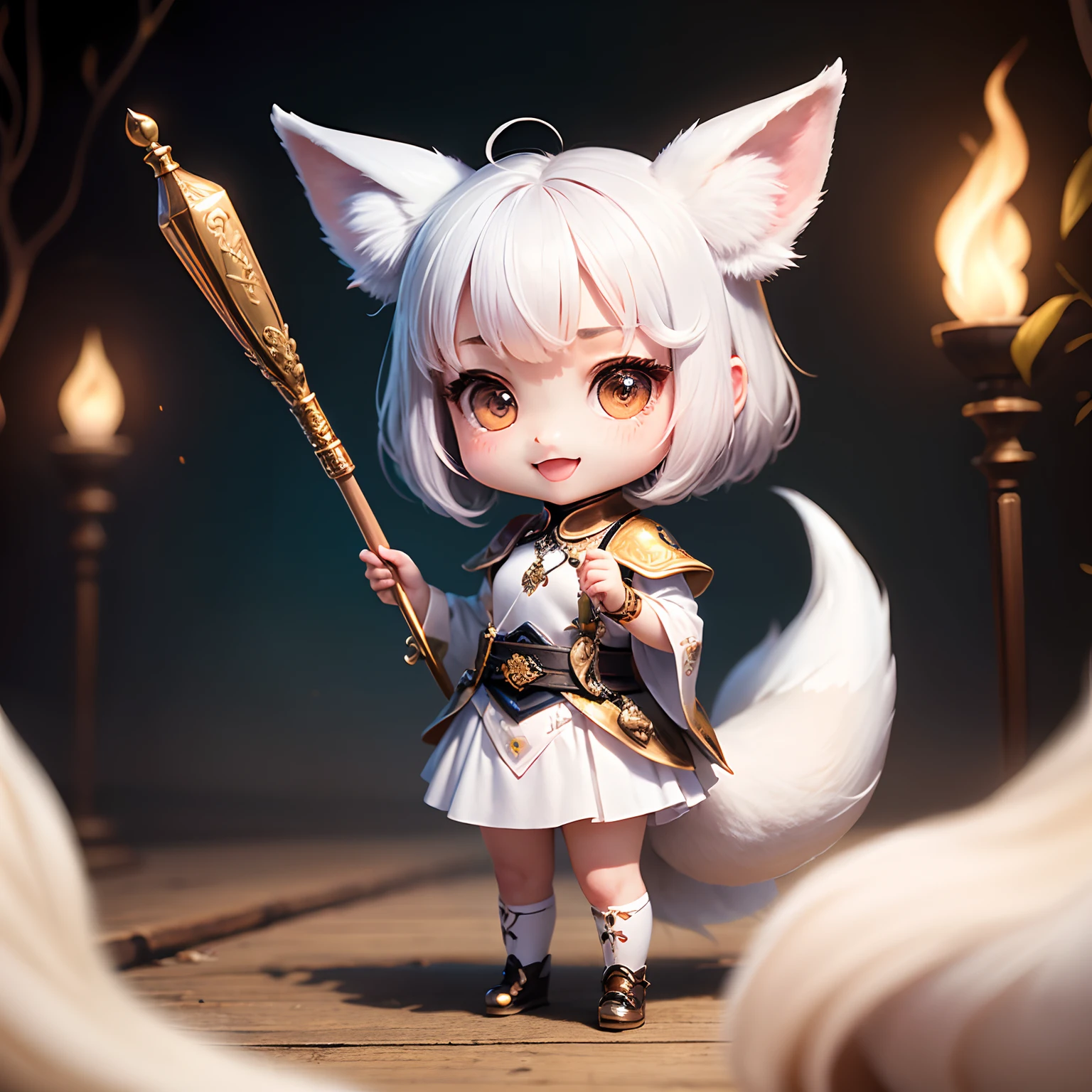 ​masterpiece、top-quality、ultra-detailliert、(Chibi White Fox's Daughter:1.4)、独奏、White Meatpia Warriors Cosplay、Holding a richly decorated baton with jewels in his hands、Open your mouth and smile、Standing、