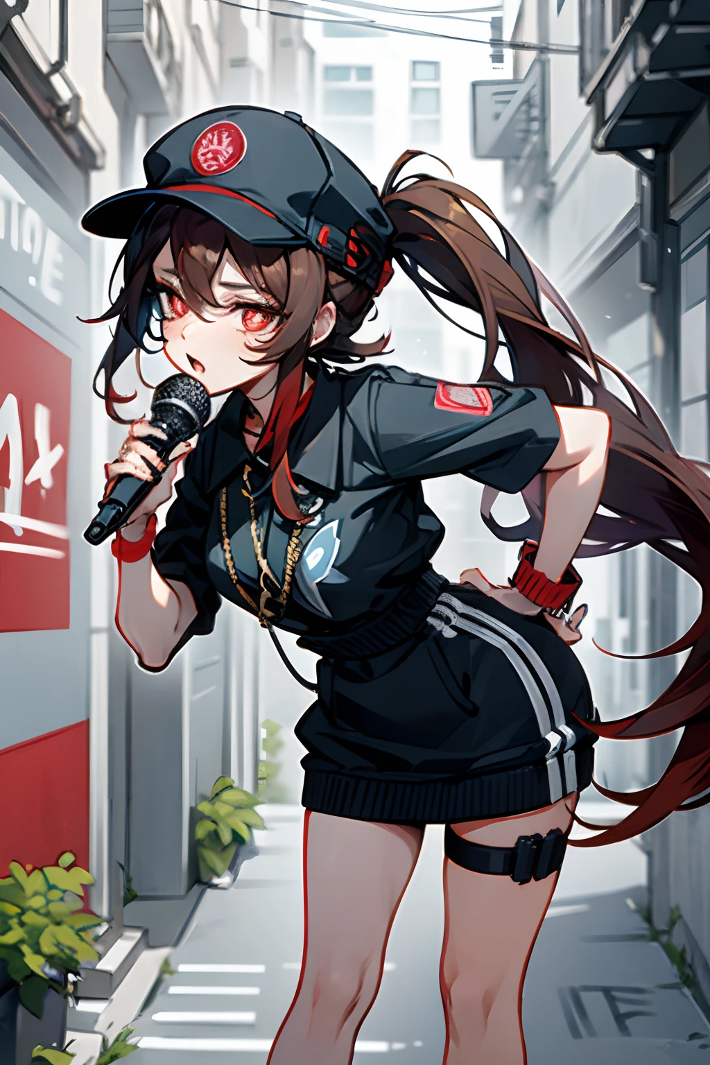 SFW, masterpiece, standing (woman 1), (rapper pose), (rapper clothes), red eyes,  dark brown hair, two ponytails, very long hair, backwards cap, ((((microphone)))), ((close up)), (leaning forward), (grafiti), ((city alley))