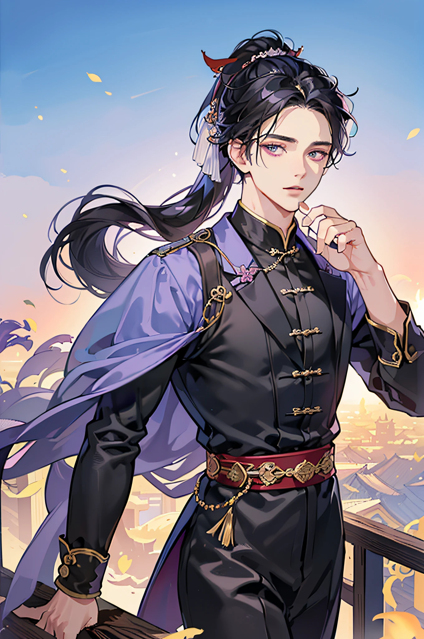 (masterpiece), best quality, ultra-high resolution, ((one man)), boy, male, elegant, expressive eyes, perfect face, half body, looking at viewer, dutch angle, cowboy shot, (long black hair), ponytail, (purple eye color), handsome, During the Day, chinese style, old china, chinese clothes, chinese palace, lotus, hd