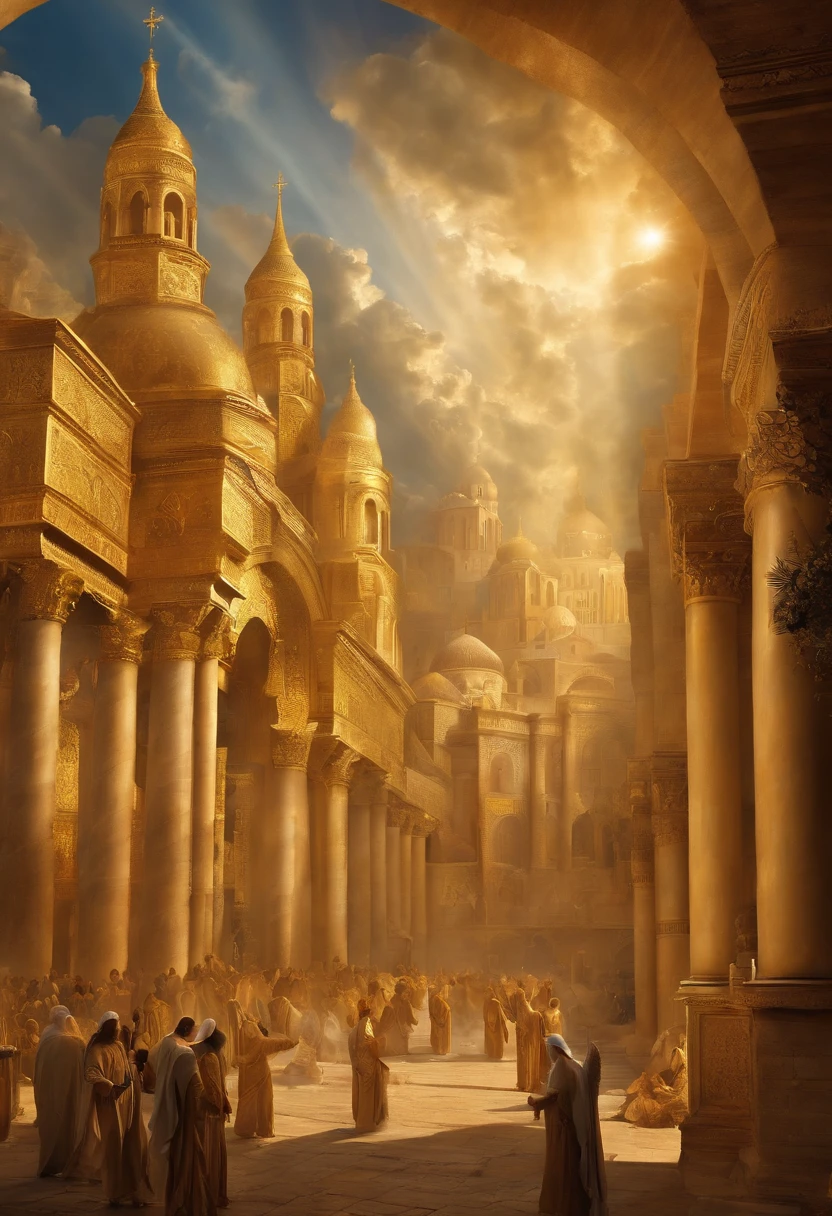"A picture of the New Jerusalem with streets of gold and high walls. Angels or divine figures raising the city from the heavens."