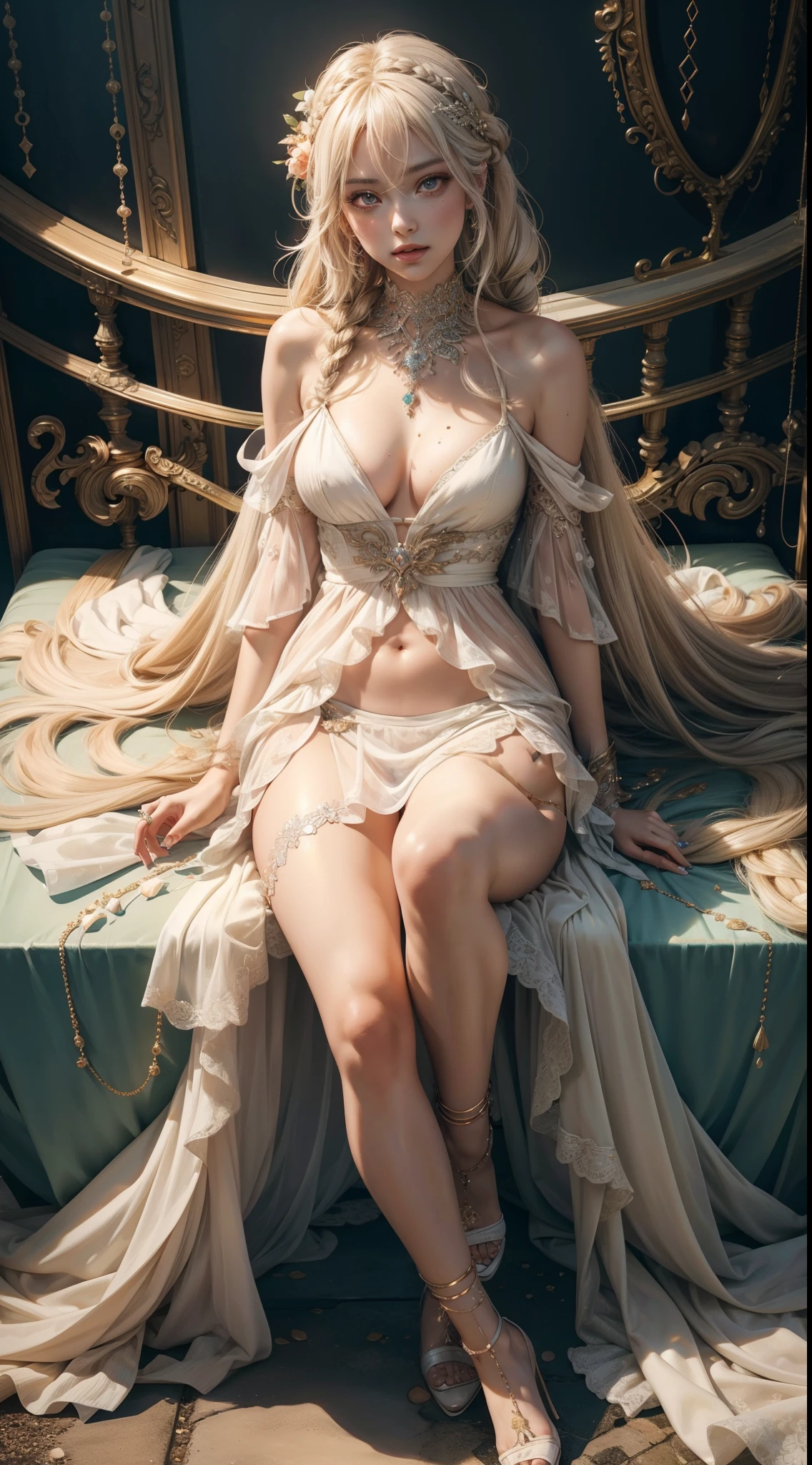 peach orange color, shibuya, hatsuneMiku, (ultra Realistic), ( illustration), (High res), (8K), (highly detailed), (the best illustration), (Beautiful Detailed Eyes), (best Quality), (Super Detailed), (Master peace), (Wallpapers), (Detailed Face), solo, 1 girl, solo girl, disheveled aristocratic dress, White hair, Iris heterochromatic eyes, small moles under eye, medium chest, Long legs, Stunning composition, Foot braids, Beautiful and detailed legs, belly button expose, exposed cleavage, shining thighs, shining legs, showing a delicate slim figure and graceful curves,