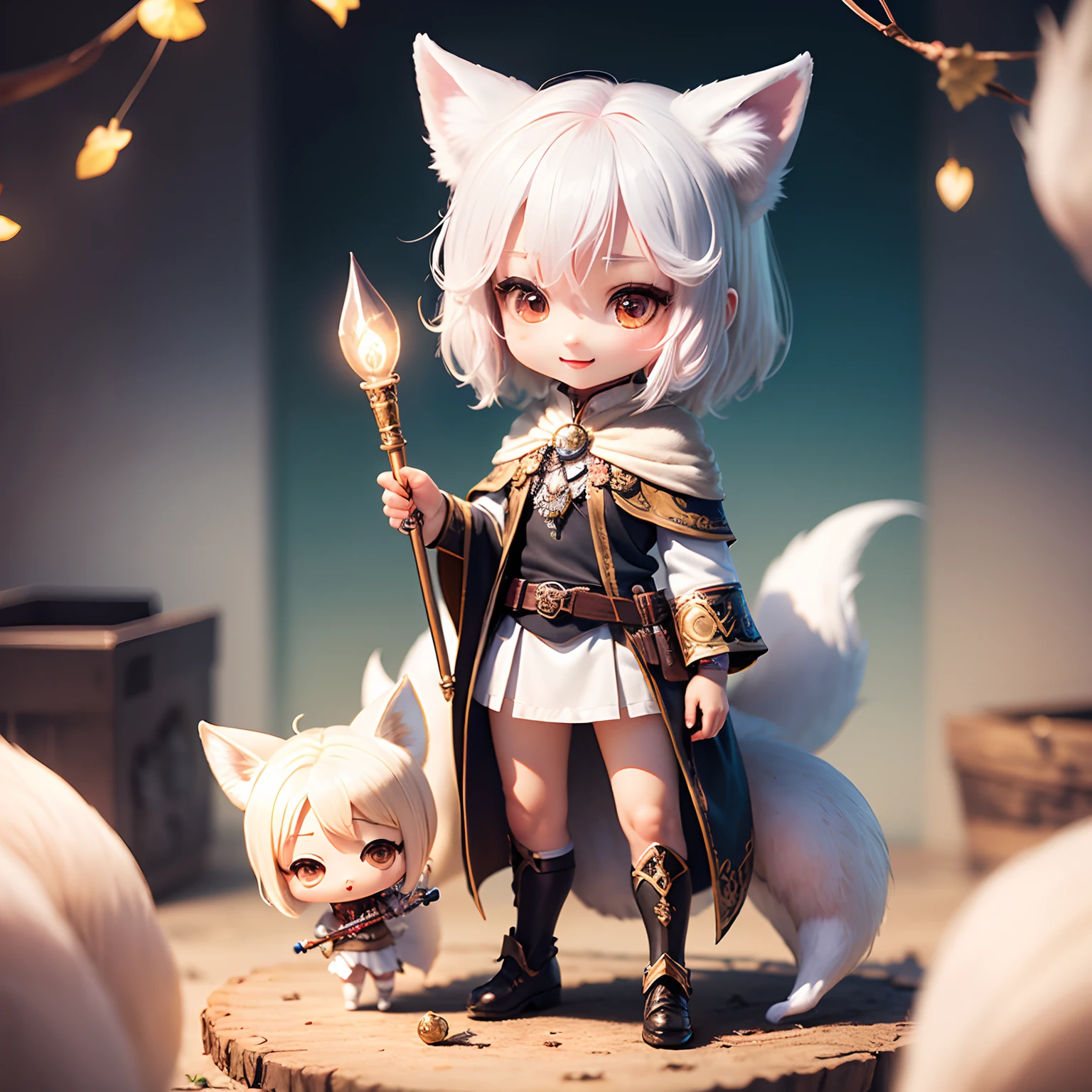 ​masterpiece、top-quality、ultra-detailliert、(Chibi White Fox's Daughter:1.4)、White Meatpia Warriors Cosplay、Holding a richly decorated baton with jewels in his hands、Open your mouth and smile、Standing、