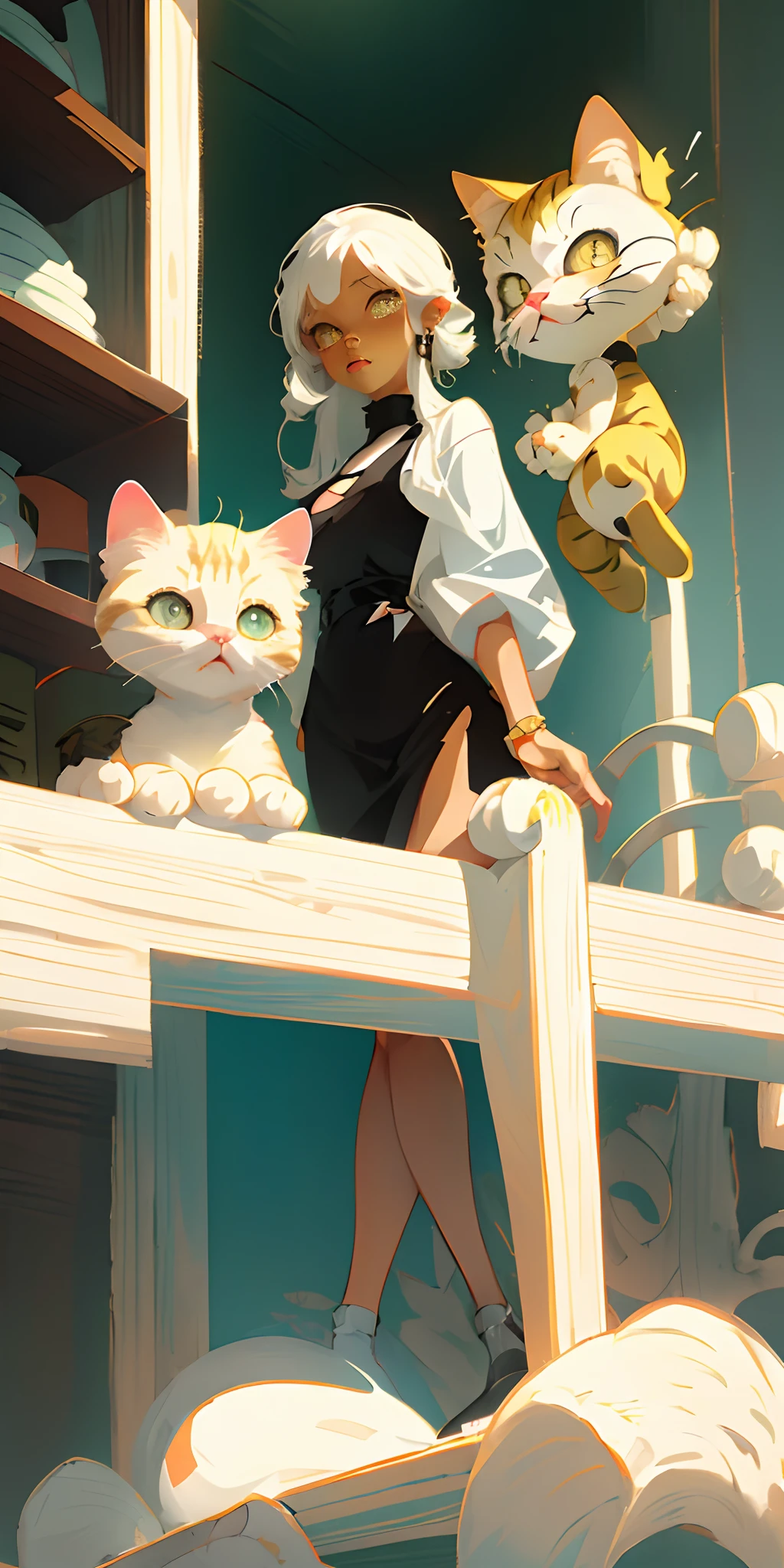 Cute, kitty, big eyes, in front of plate, cartoon, illustration, bold lines, solid color, yellow and white, anime, chibi