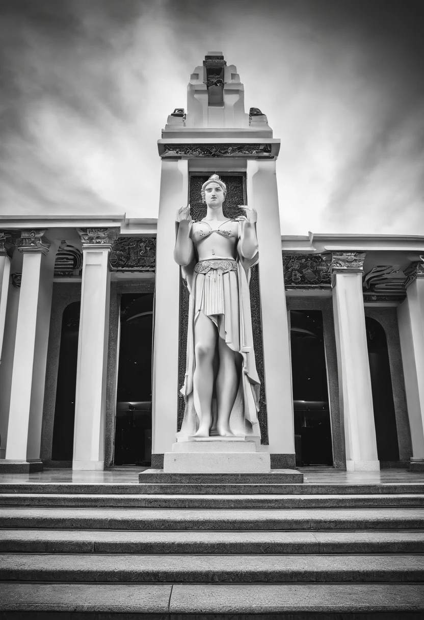 a black and white photo of a statue in front of a building, arte conceitual, de Giorgio Cavallon, reddit, videoarte, muito bonita. large muscles, legendas, corrida no templo