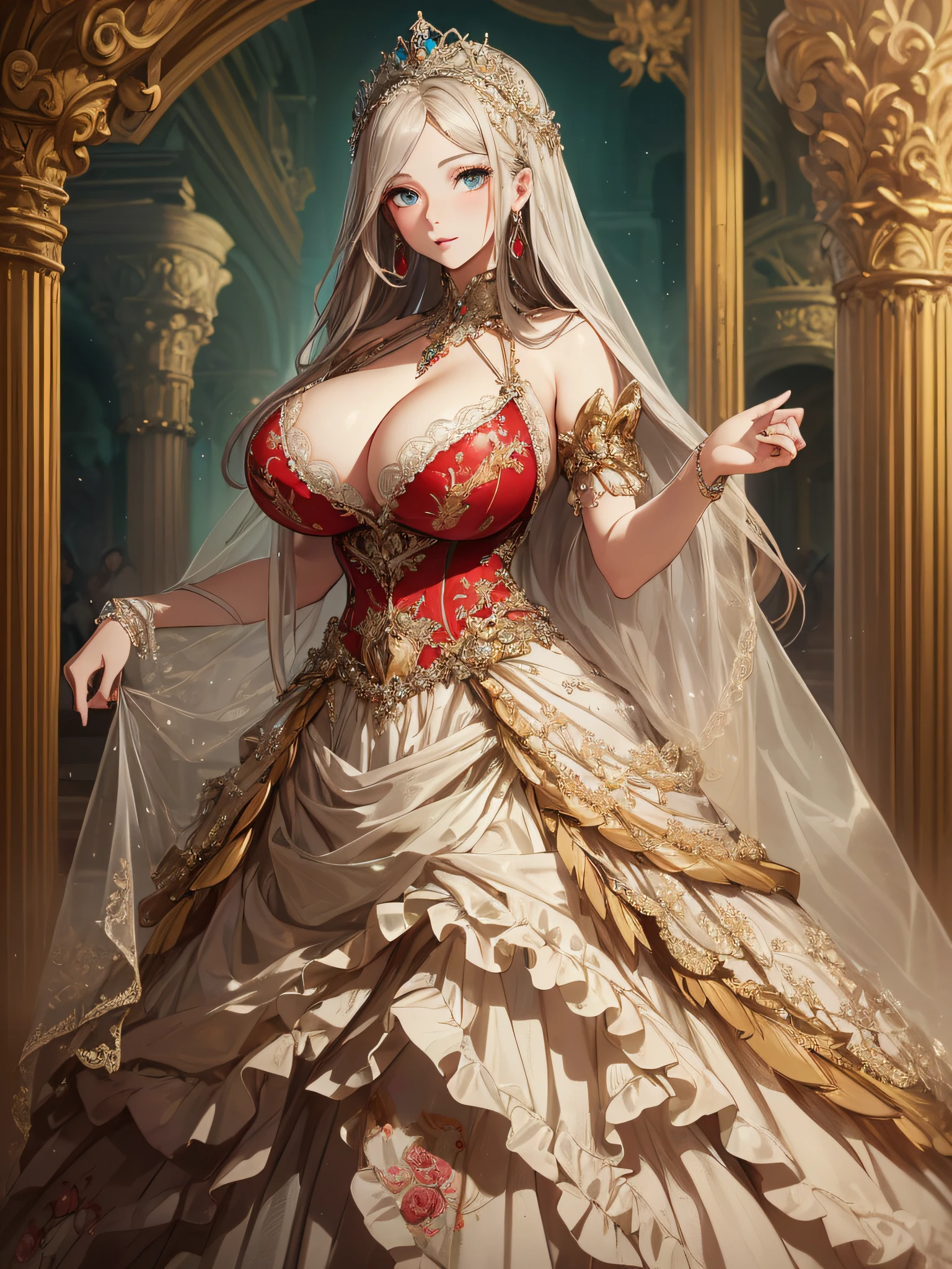 ((anime artstyle)),(Masterpiece),(Best Quality), (Super Detail),((Very Delicate and Beautiful)),cinematic lighting,1 lady,((full body portrait)),((solo)),digital art,(((1 princess in beautiful embroidery and jeweled gorgeous princess rococo ballgown with voluminous full length hoop skirt))),crinoline,long train,((beautiful embroidery and jeweled)),voluminous frills,See-through,(gorgeous embroidery and beautiful lace),(((gigantic tits,skindentation,gigantic cleavage breasts))),cleavage,((large amount of straight hair,extremely voluminous Hair,Very Long Straight Hair)),((finely detailed face and eyes)),clear pupil,((((extremely gorgeousfull hair ornament)))),(bling-bling jeweled extremely gorgeousfull tiara),(bling-bling gorgeous gemstone jewelry),long veil,(beautiful background),(full body),((gorgeous princess rococo ballgown with voluminous full length hoop skirt))