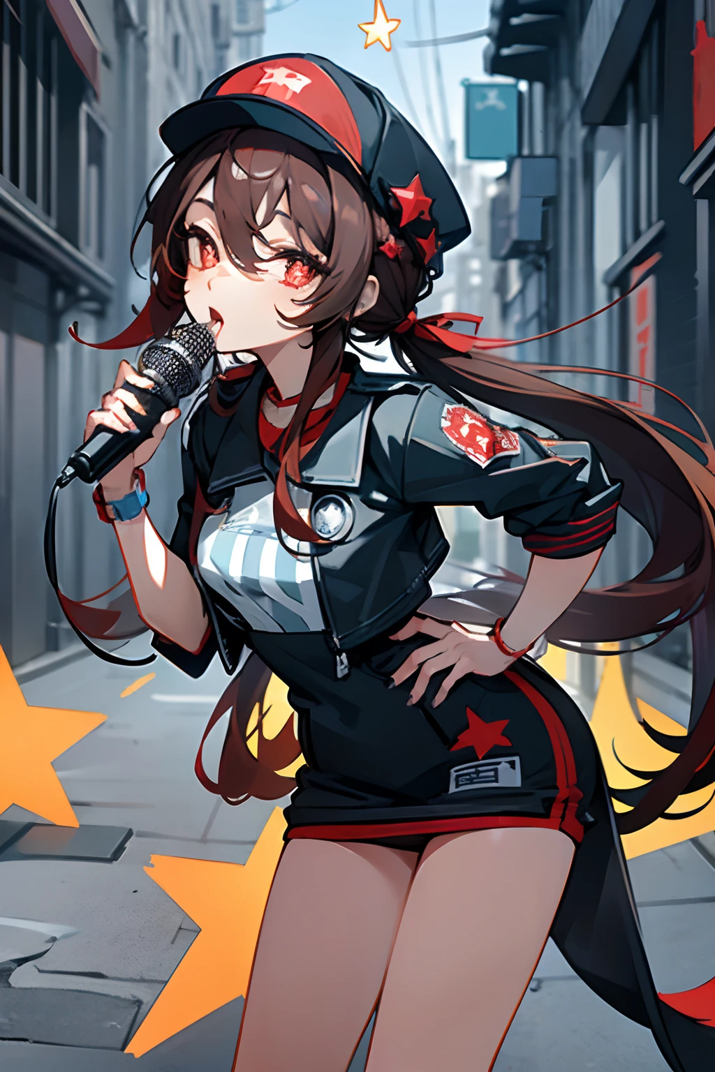 SFW, masterpiece, standing (woman 1), (rapper pose), (rapper clothes), red eyes, dark brown hair, two ponytails, very long hair, backwards cap, ((((microphone)))), ((close up)), (leaning forward), (grafiti), ((city alley)), ((star shape iris))