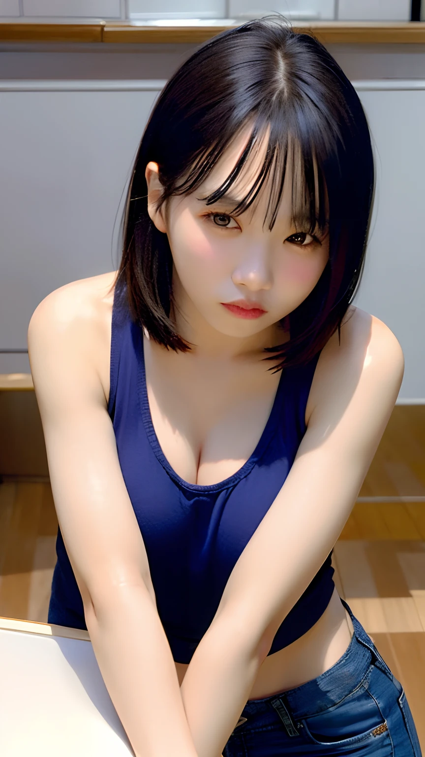 Young cute gravure idol with woman in white skirt standing in room, young sensual gravure idol, young skinny gravure idol, open v chest clothes, young gravure idol