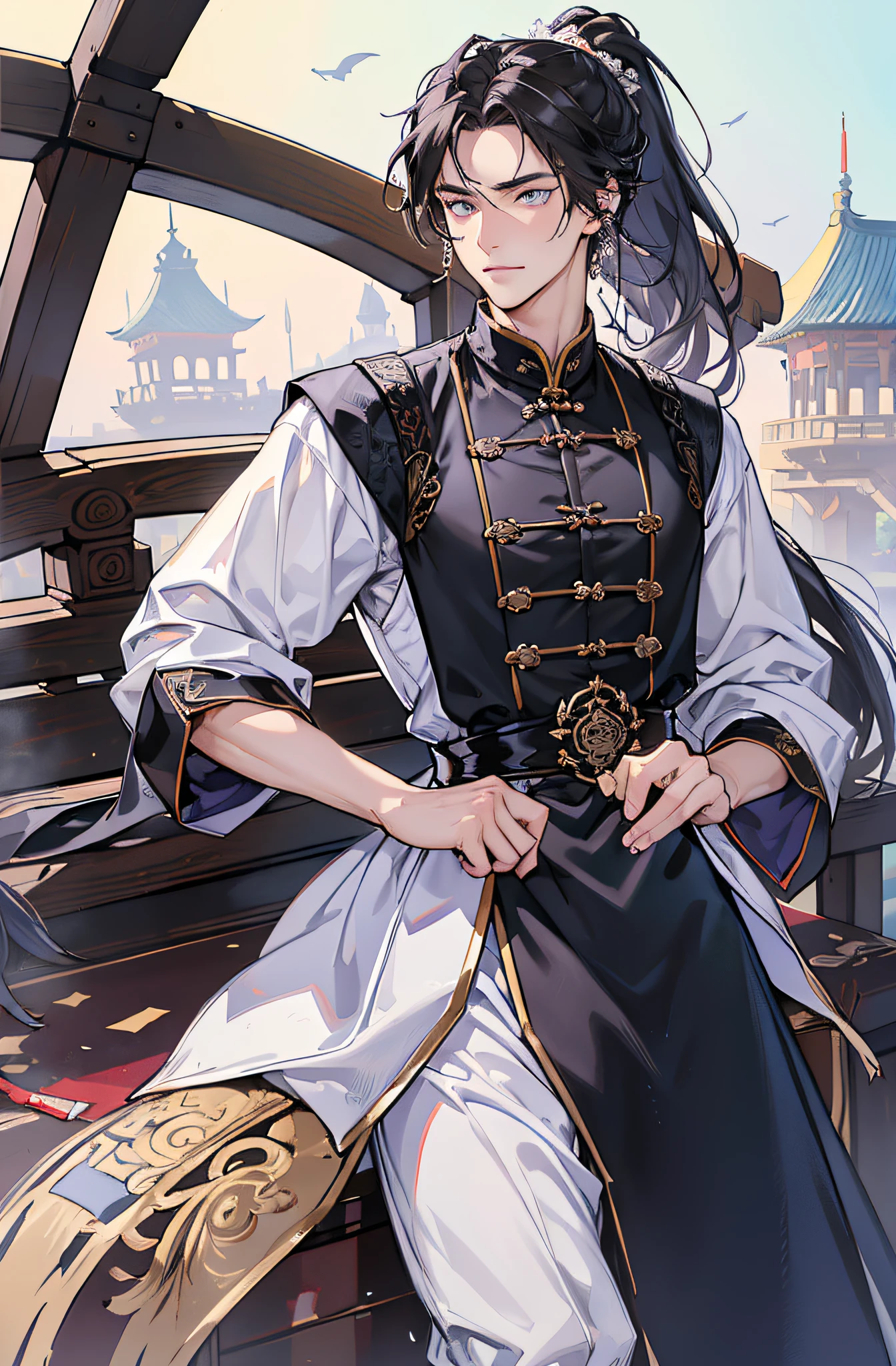 (Meisterwerk), best quality, ultra-high resolution, ((Ein Mann)), Junge, masculine, elegant, ausdrucksstarke Augen, Perfektes Gesicht, half body, Blick auf den Betrachter, dutch angle, CowJunge erschossen, (langes schwarzes Haar), Pferdeschwanz, (lila Augenfarbe), stattlich, During the Day, Chinesischer Stil, Altes Porzellan, Chinesische Kleidung, Chinesischer Palast, Lotus, FESTPLATTE