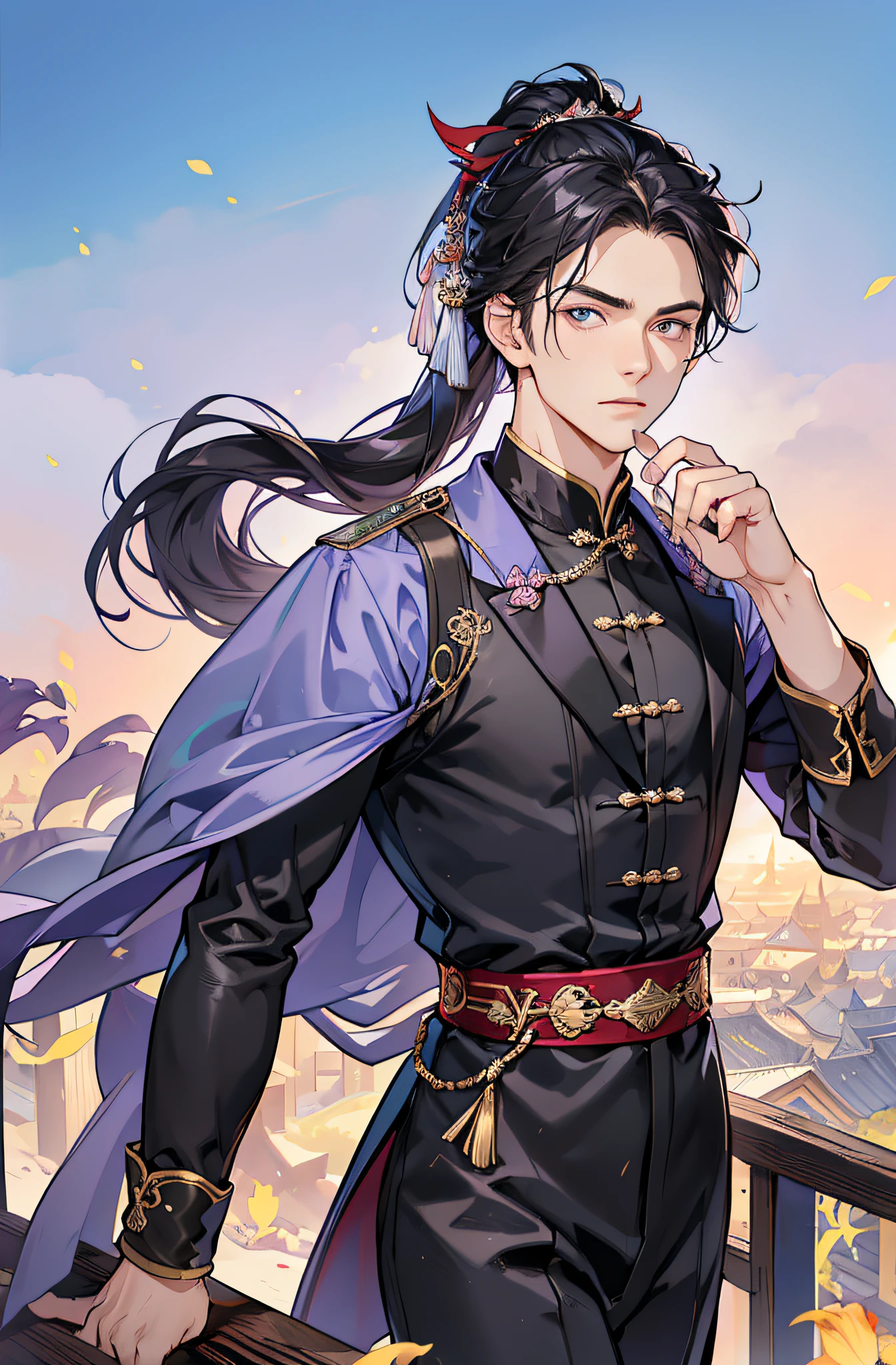 (Meisterwerk), best quality, ultra-high resolution, ((Ein Mann)), Junge, masculine, elegant, ausdrucksstarke Augen, Perfektes Gesicht, half body, Blick auf den Betrachter, dutch angle, CowJunge erschossen, (langes schwarzes Haar), Pferdeschwanz, (lila Augenfarbe), stattlich, During the Day, Chinesischer Stil, Altes Porzellan, Chinesische Kleidung, Chinesischer Palast, Lotus, FESTPLATTE