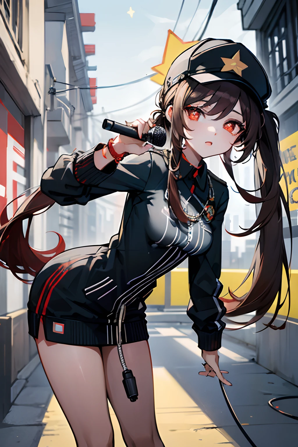 SFW, masterpiece, standing (woman 1), (rapper pose), (rapper clothes), red eyes,  dark brown hair, two ponytails, very long hair, backwards cap, ((((microphone)))), ((close up)), (leaning forward), (grafiti), ((city alley))