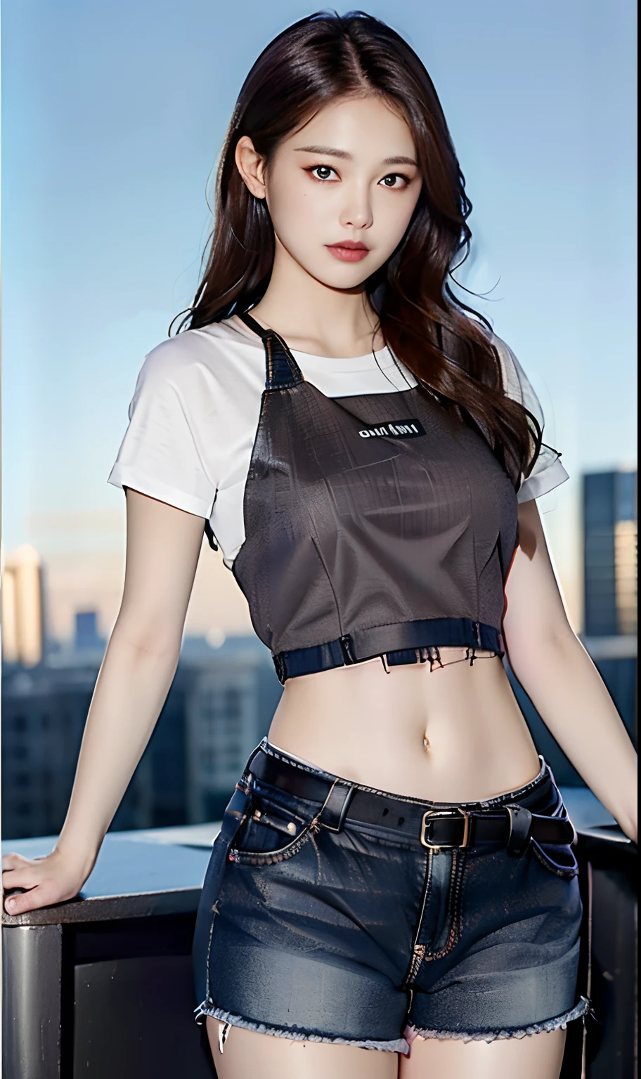 ((Midnight, Best quality, 8k, Masterpiece :1.3)), Whole body, Long legs, Sharp focus :1.2, A pretty woman with perfect figure :1.4, Slender abs :1.1, ((Dark brown hair, Big breasts :1.2)), (White tight tshirt, Jean bib, Standing:1.2), ((Night city view, Rooftop:1.3)), Highly detailed face and skin texture, Detailed eyes, Double eyelid