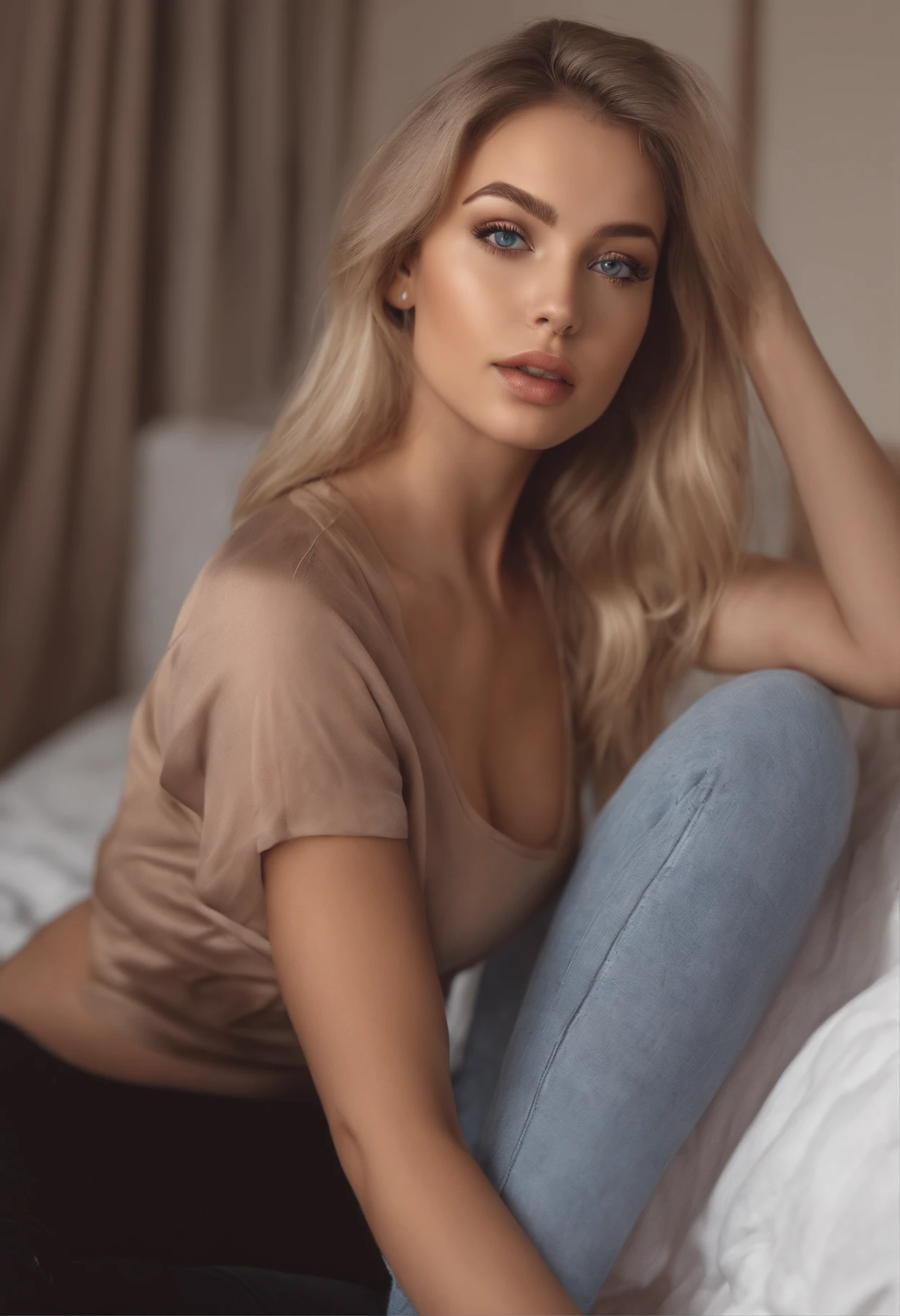 arafed woman fully , sexy girl with blue eyes, ultra realistic, meticulously detailed, portrait sophie mudd, blonde hair and large eyes, selfie of a young woman, bedroom eyes, violet myers, without makeup, natural makeup, looking directly at the camera, face with artgram, subtle makeup, stunning full body shot kneeling on bed, in bedroom, medium to large size bust