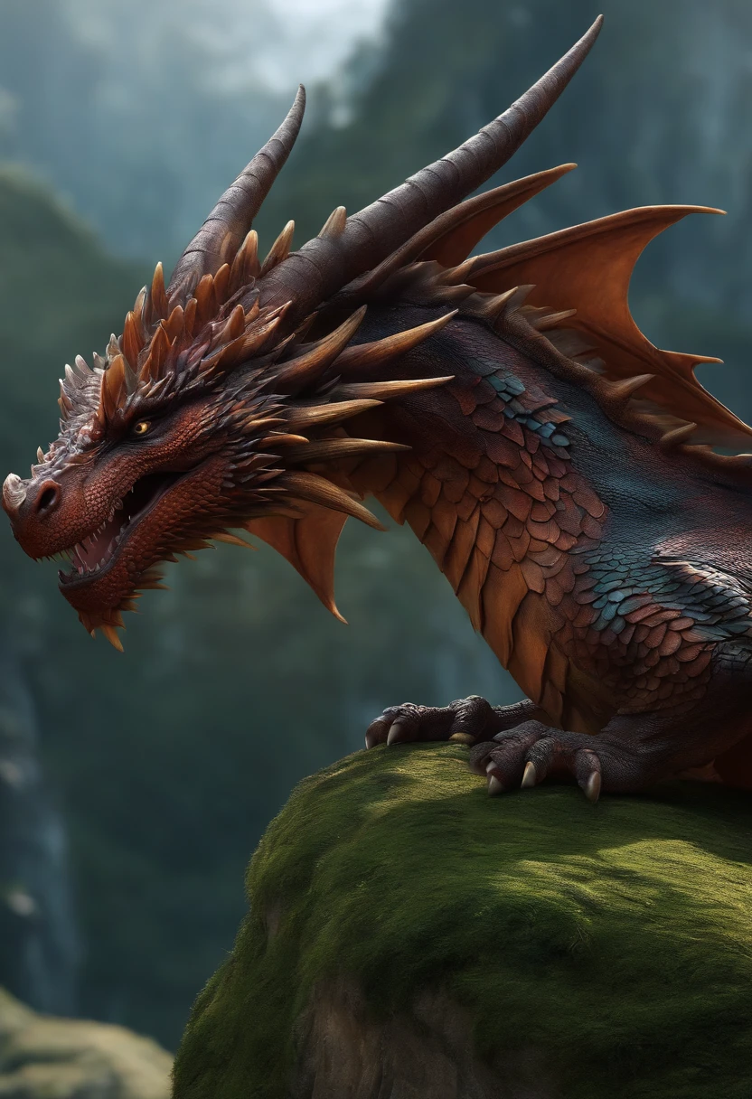Detailed and realistic photograph of Dragon, olhos sanguinarios, filmed outside in the evening light, textura de escamas detalhadas , dentes detalhados, Dramatic natural lighting, fotografia retrato, lente 85mm, magic photography, lighting dramatic, Foto realism, ultra-detalhado, Cinestill 800T