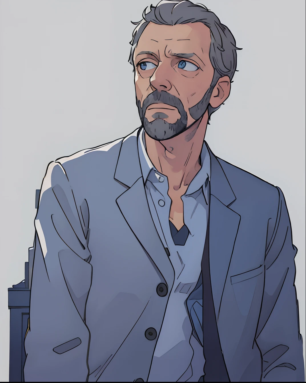 casual dressed man, smart jacket, short beard, grey hair, blue eyes, Gregory House, dr.House, House md, Hugh Laurie, white background