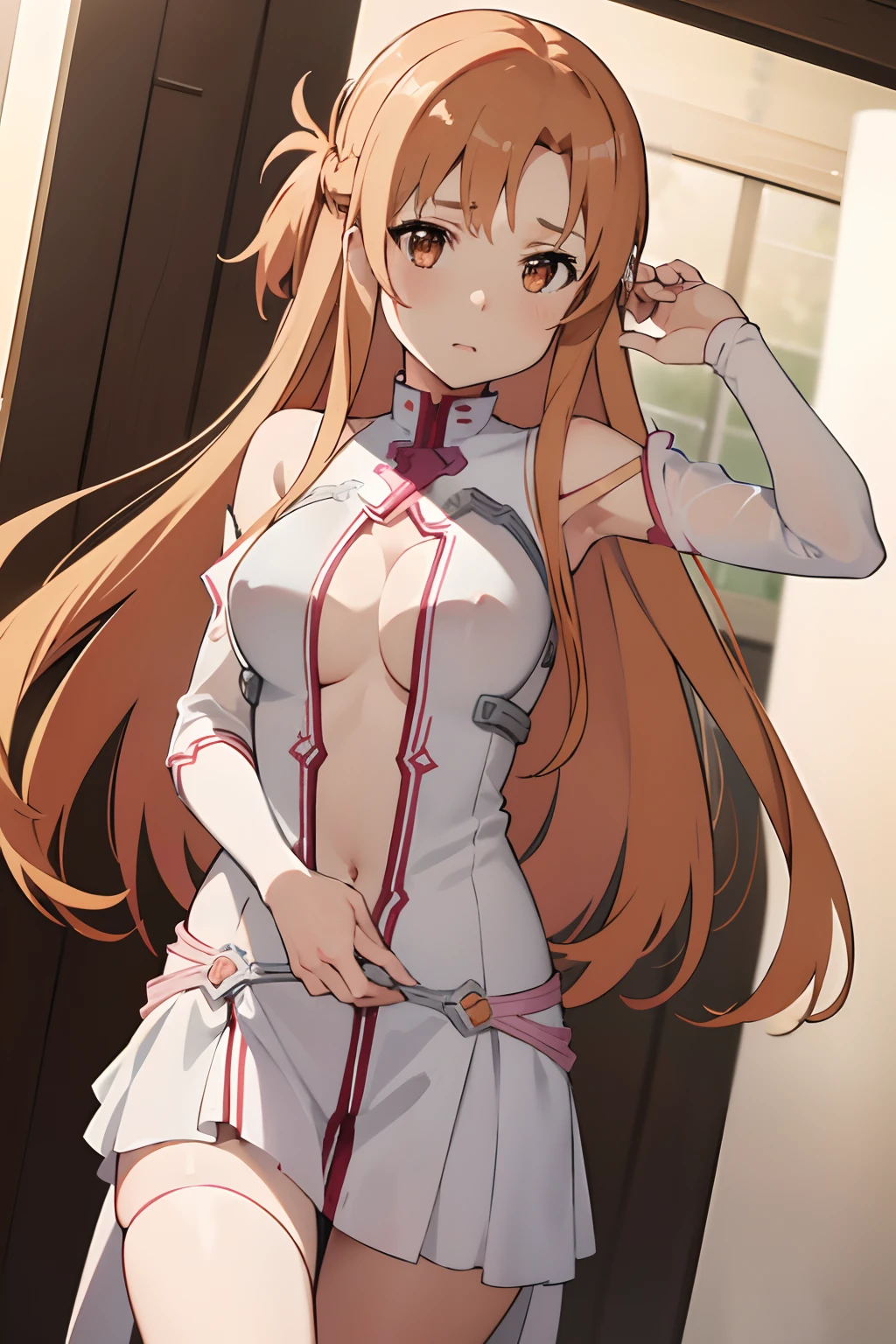 {asuna yuuki(sword art online)}, 1girl, ​masterpiece、top-quality、NSFW, {fullnude}、toppless、pink nipples、{Naked Dance}、Metamorphosis、A slender、Lewd、Lower grade、