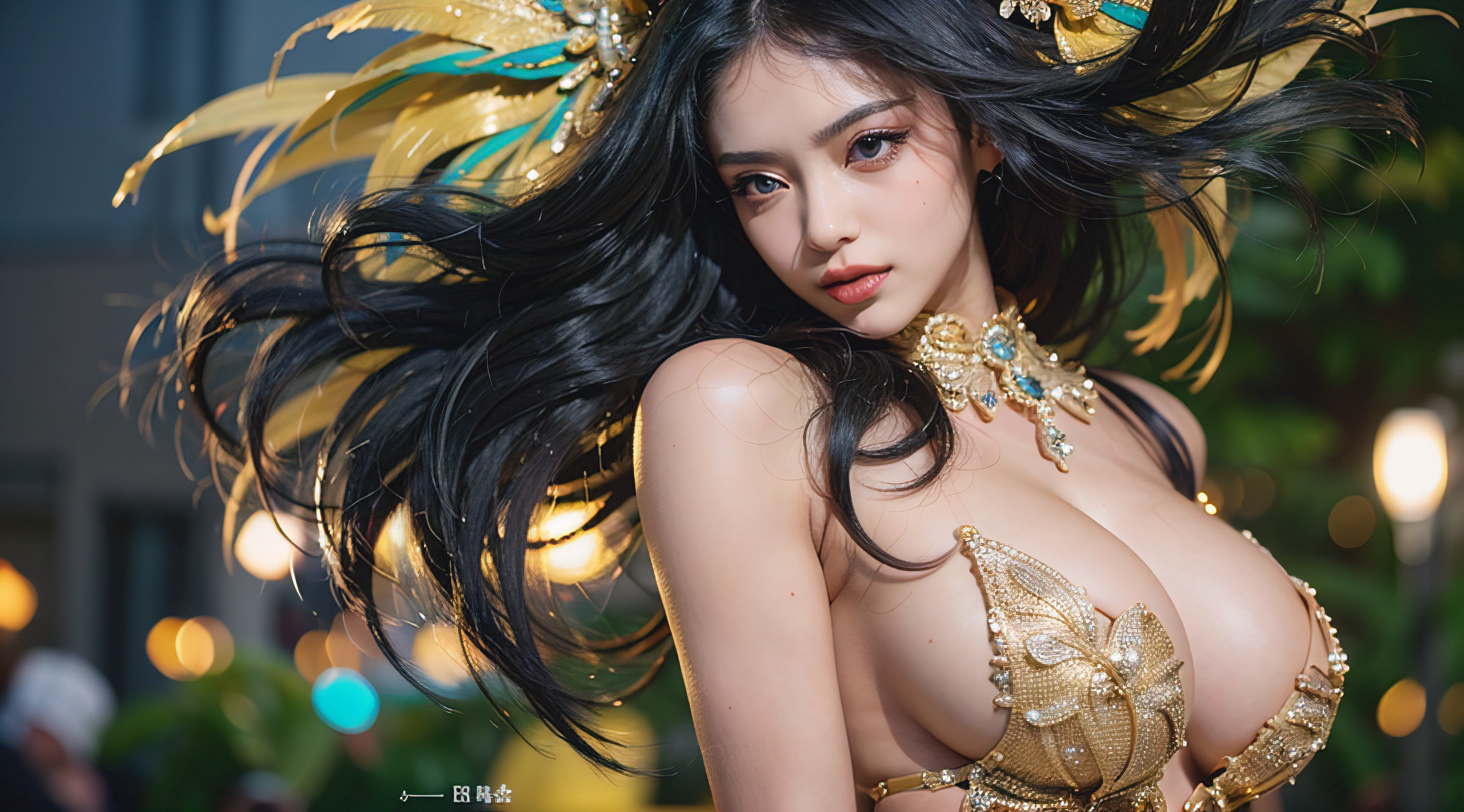 high resolucion, Masterpiece, Best Quality, ((Hasselblad photo)), Sharp focus, (Cinematic lighting), Soft lighting, Dynamic Angle, girls, Mature Brazilian woman, (Wearing a samba dance dress:1.2), carnival, Samba dress, fine detailed skin, Very long wavy black hair, Highly detailed hair, high heels,large full breasts,bare chest,a narrow waist,bare ass,big size ass,bare belly,sparkly skin,intriciate detail, ((Cinematic light)),((black)), party, Brazil, carnival, Colors, 8K