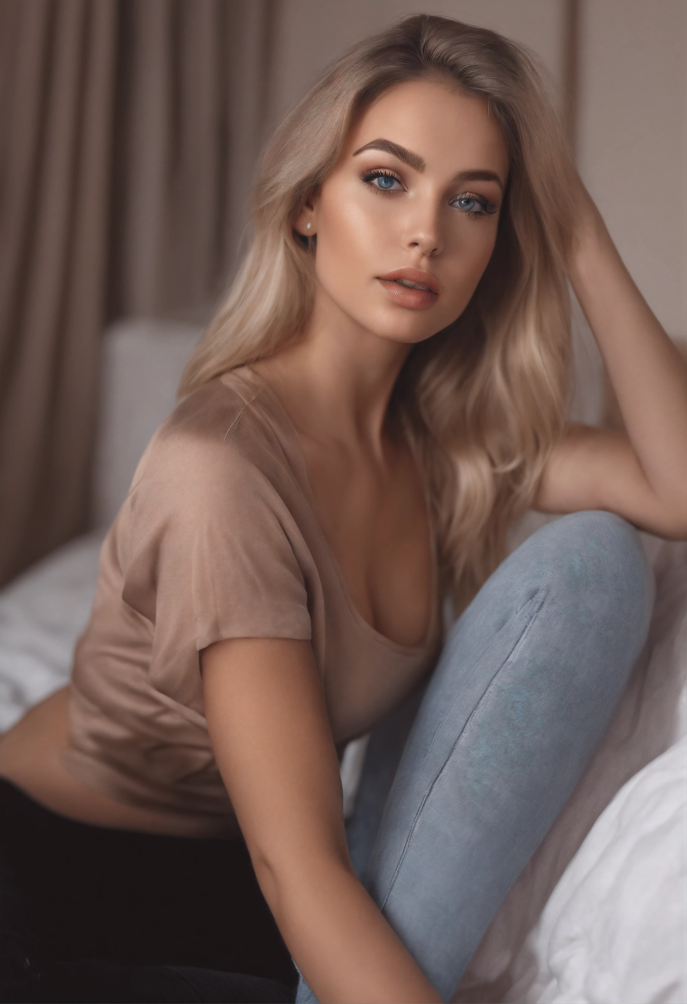 arafed woman fully , sexy girl with blue eyes, ultra realistic, meticulously detailed, portrait sophie mudd, blonde hair and large eyes, selfie of a young woman, bedroom eyes, violet myers, without makeup, natural makeup, looking directly at the camera, face with artgram, subtle makeup, stunning full body shot kneeling on bed, in bedroom, medium to large size bust