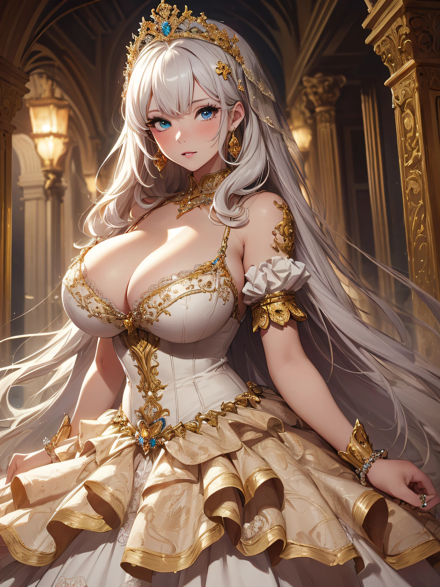 ((anime artstyle)),(Masterpiece),(Best Quality), (Super Detail),((Very Delicate and Beautiful)),cinematic lighting,1 lady,((full body portrait)),((solo)),digital art,(((1 princess in beautiful embroidery and jeweled gorgeous princess rococo ballgown with voluminous full length hoop skirt))),crinoline,long train,((beautiful embroidery and jeweled)),voluminous frills,See-through,(gorgeous embroidery and beautiful lace),(((gigantic tits,skindentation,gigantic cleavage breasts))),cleavage,((large amount of straight hair,extremely voluminous Hair,Very Long Straight Hair)),((finely detailed face and eyes)),clear pupil,((((extremely gorgeousfull hair ornament)))),(bling-bling jeweled extremely gorgeousfull tiara),(bling-bling gorgeous gemstone jewelry),long veil,(beautiful background),(full body),((gorgeous princess rococo ballgown with voluminous full length hoop skirt))