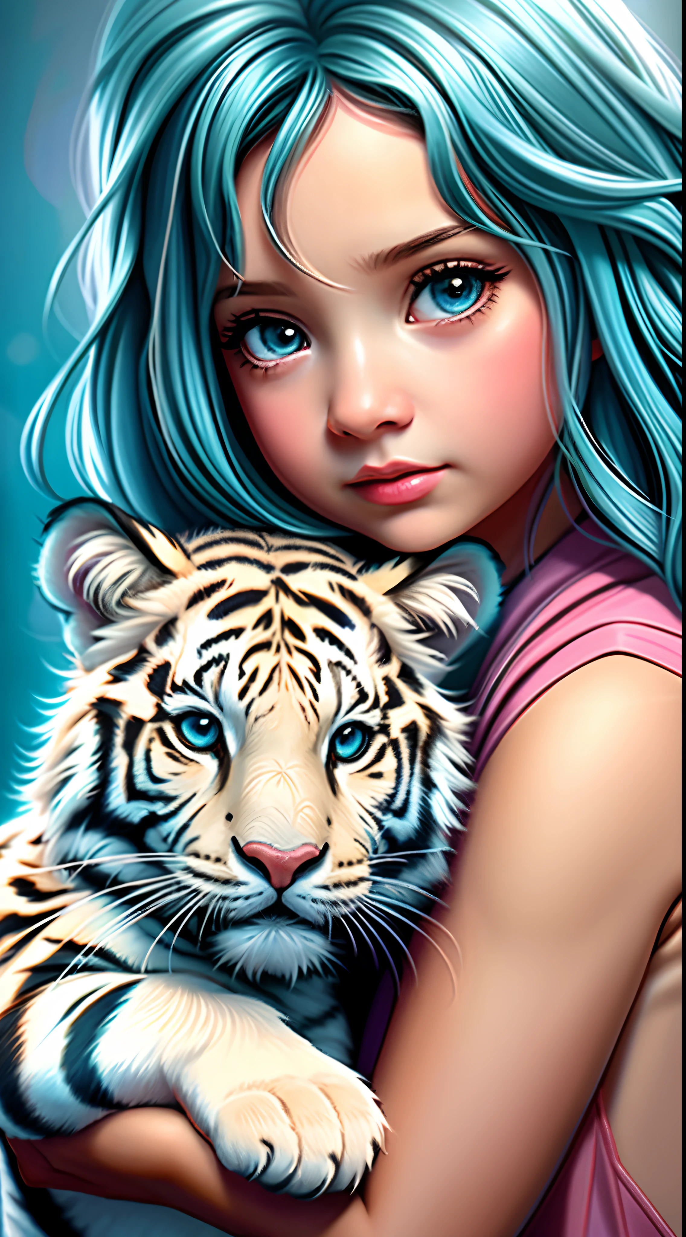 A closeup of a child holding a white tiger in a painting, painting digital adorable, Magali Villeneuve», Graphic artist Magali Villeneuve, pintura realista da menina bonito, Directed by: Magali Villeneuve, karol bak uhd, lindo arte digital, bela arte digital, arte detalhada bonito, muito bonita gatinha fofa, imagem de arte digital, Animais bonitos detalhados