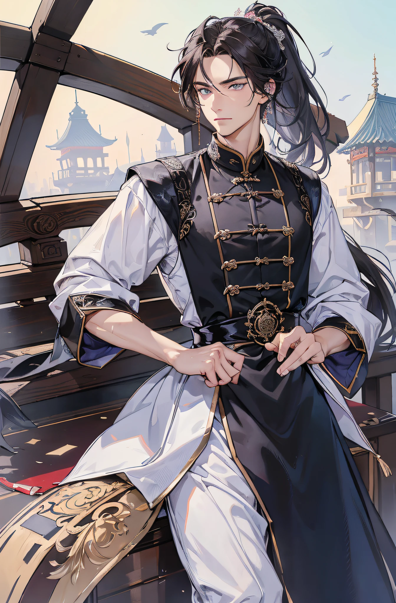 (Meisterwerk), best quality, ultra-high resolution, ((Ein Mann)), Junge, masculine, elegant, ausdrucksstarke Augen, Perfektes Gesicht, half body, Blick auf den Betrachter, dutch angle, CowJunge erschossen, (langes schwarzes Haar), Pferdeschwanz, (lila Augenfarbe), stattlich, During the Day, Chinesischer Stil, Altes Porzellan, Chinesische Kleidung, Chinesischer Palast, Lotus, FESTPLATTE