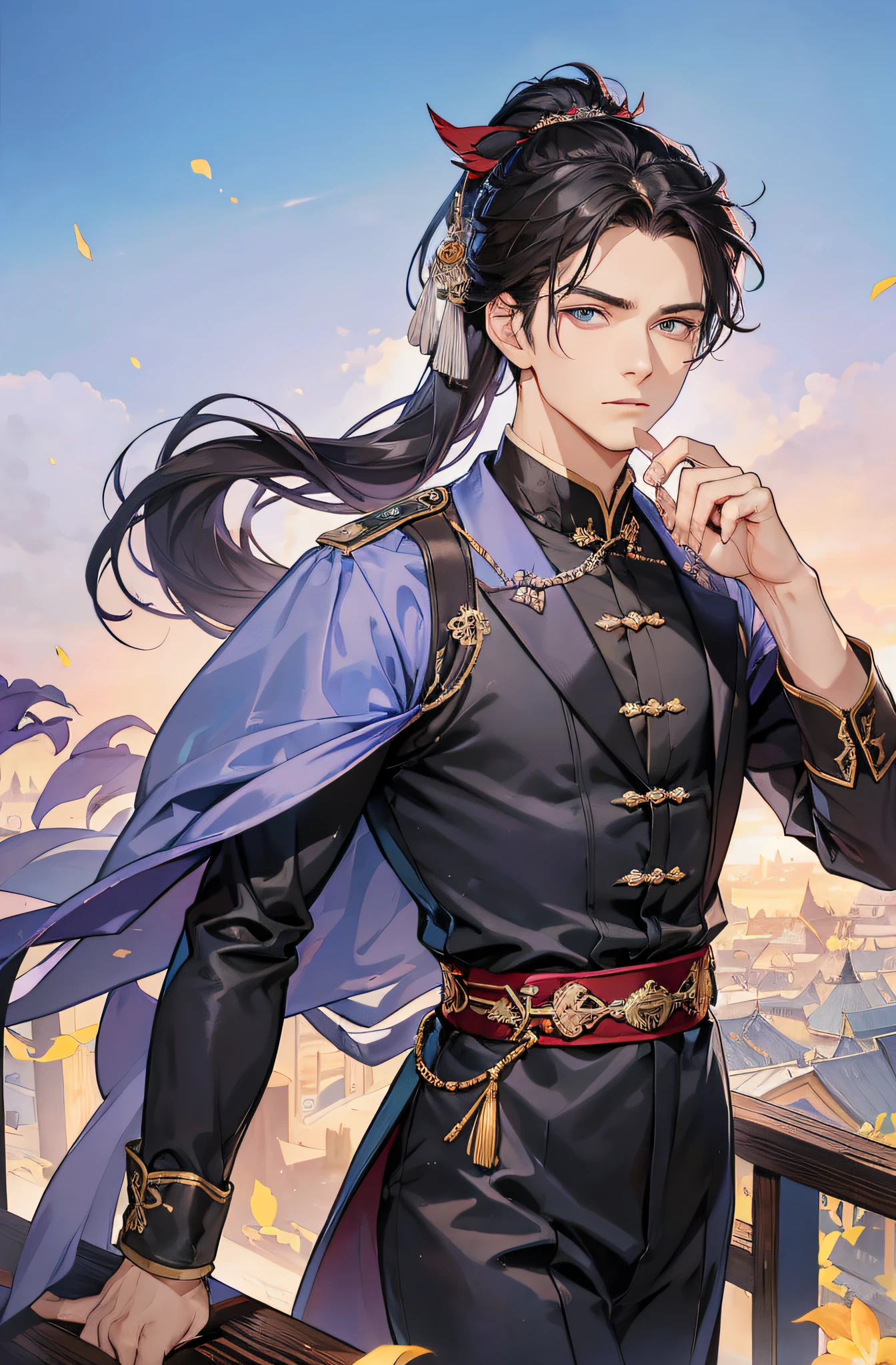 Masterpiece, best quality, daytime, 1 man, mature man, Chinese style, ancient China, Chinese palace, eagle, turquoise brown hair, gray blue eyes, forked hair, long hair, long bangs, high ponytail, handsome, handsome, masculine, serious, gentle, tall, quiet, dark colored clothes, gray blue clothes, dark blue clothes, unicorn pattern, prince, sword, looking down