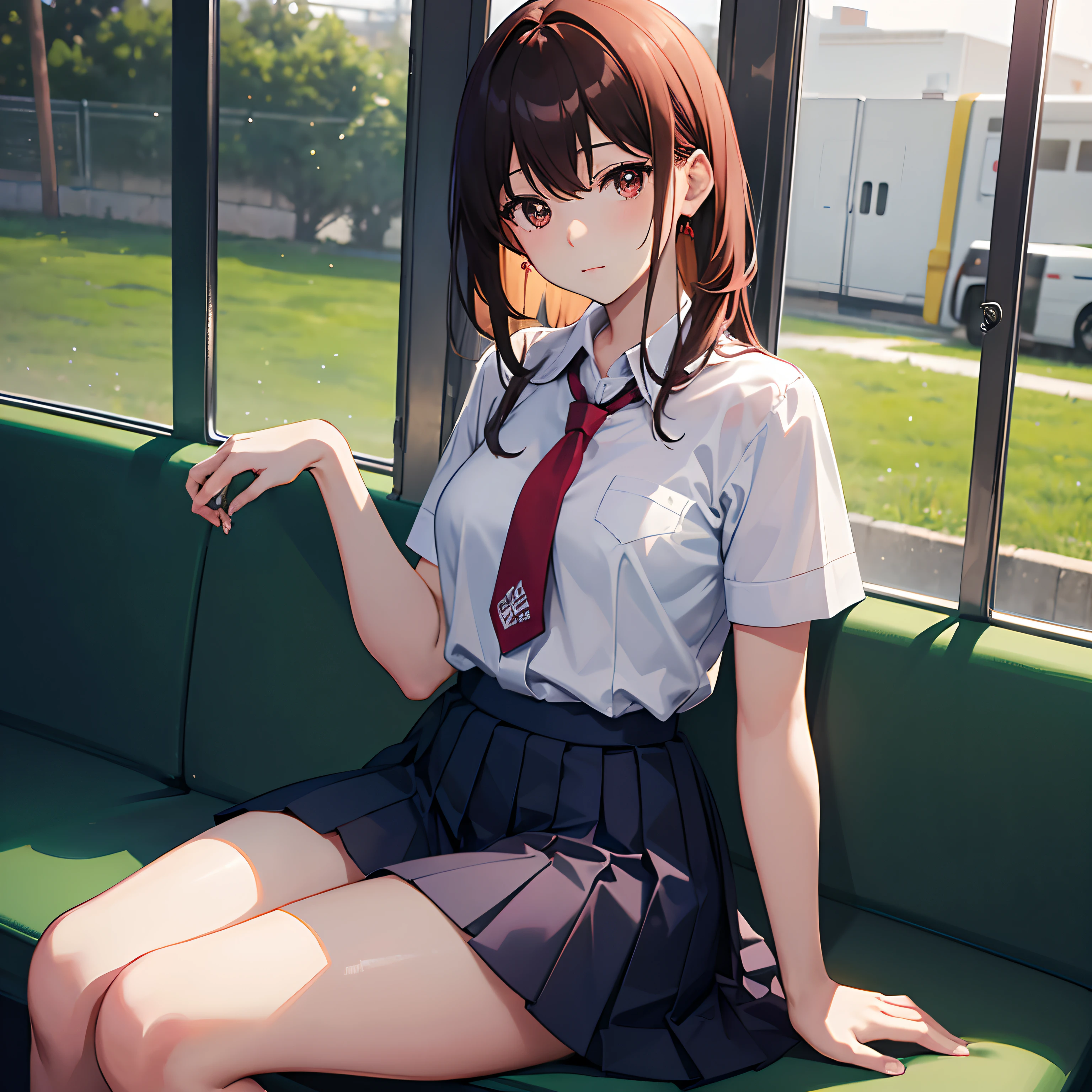 (masutepiece, Best Quality:1.2), 8K, 14years, 85 mm, Official art, absurderes, White dress shirts, Pretty Face, close up, Upper body, violaceaess, gardeniass, Beautiful Girl, School uniform, (Navy pleated skirt:1.1), Cinch West, thighs thighs thighs thighs, Short sleeve, on train, Sitting on a bench seat, Looking at Viewer, No makeup, (Smile:0.4), Film grain, chromatic abberation, Sharp Focus, face lights, clear lighting, Detailed face, Bokeh background, (dark red necktie:1.1)