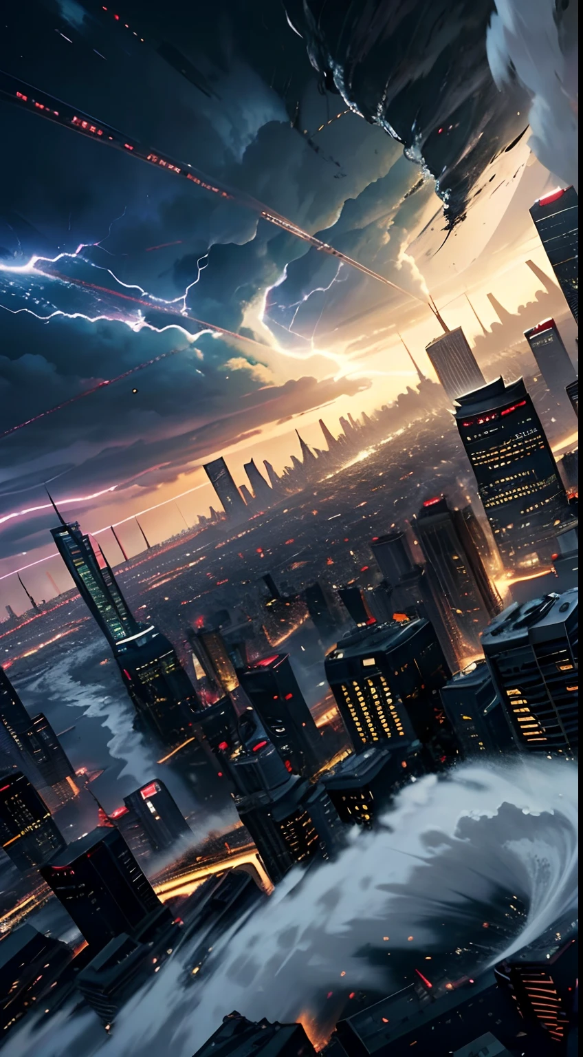 masterpiece, best quality, a tornado in a city, low angle, objects flying, typhoon, hurricane, storm,strong wind, (((whirlwind))), epic, nature,swirl of wind, scary , tragedy, cars flying, destruction, buildings, street, poles, papers flying, wires, ((tornado, hurricane, typhoon, cyclone tropical, storm ,tropical cyclone),BREAK the hurricane is detroying the city,,