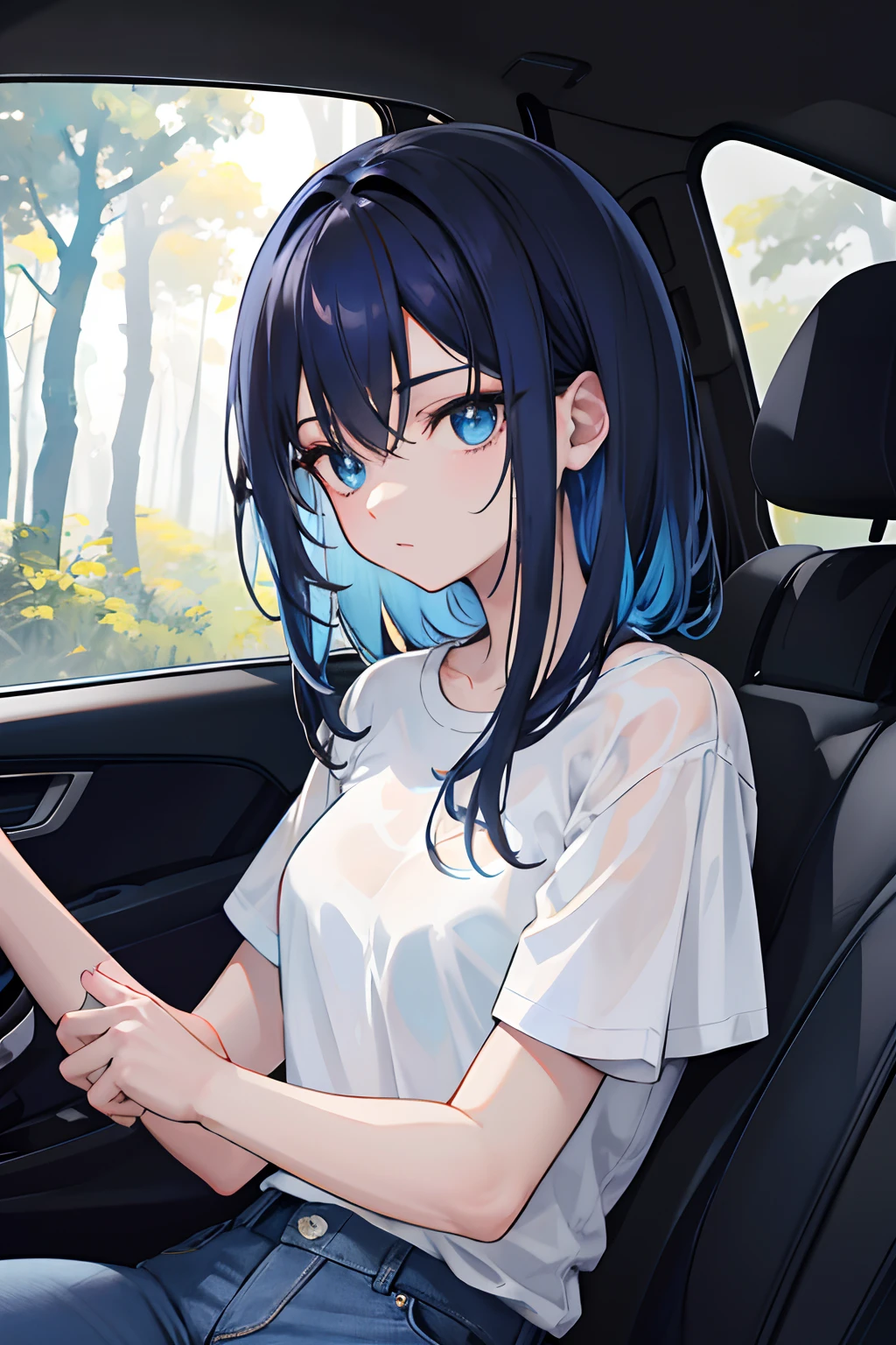 Uma jovem mulher de cabelo preto e curto, vestindo uma camisa branca e bermuda jeans azul claro, triste dentro de um carro, vemos ela de perfil, The car window is black because it is night and it is almost impossible to see the trees of the forest.